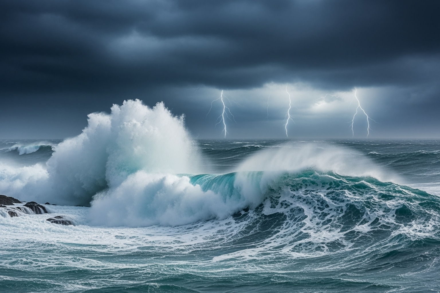A stormy sea with crashing waves under a dark sky, symbolizing market volatility and danger - crypto30x.com ocean A stormy sea with crashing waves under a dark sky, symbolizing market volatility and danger - crypto30x.com ocean