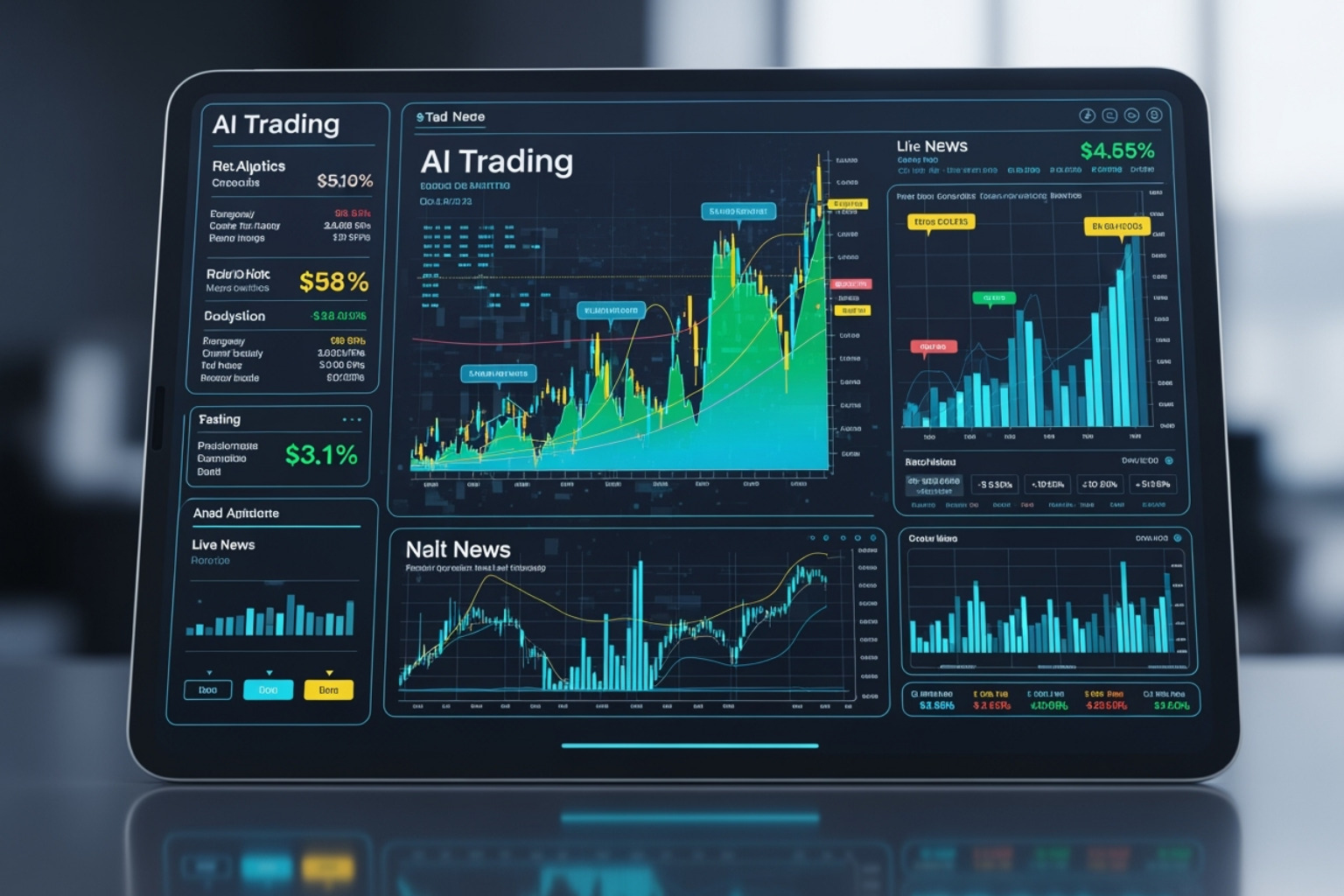 A futuristic AI trading interface on a tablet displaying complex charts and analytics - crypto30x.com ocean A futuristic AI trading interface on a tablet displaying complex charts and analytics - crypto30x.com ocean