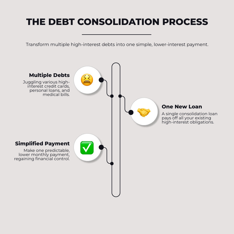 Infographic showing how multiple high-interest debts from credit cards, personal loans, and medical bills are combined into a single lower-interest consolidation loan with one monthly payment, featuring before and after payment scenarios with dollar amounts and interest rates - traceloans.com debt consolidation infographic infographic-line-3-steps-neat_beige