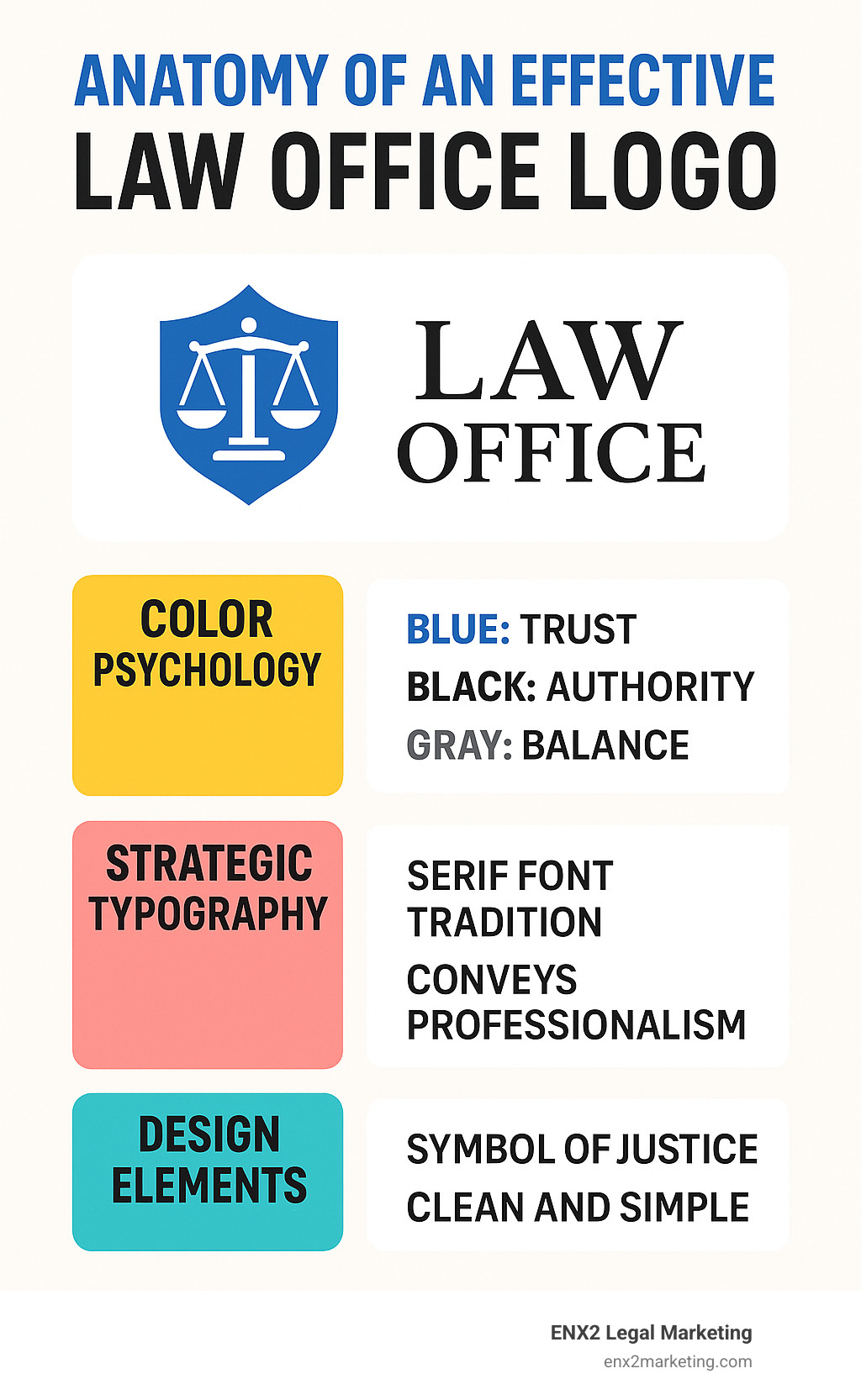 Infographic showing the anatomy of an effective law office logo with color psychology, typography choices, and design elements that build trust and professionalism in legal branding - law office logo infographic 