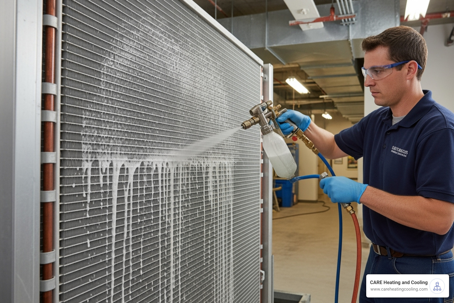 Image of a technician cleaning an HVAC coil - commercial duct cleaning near me