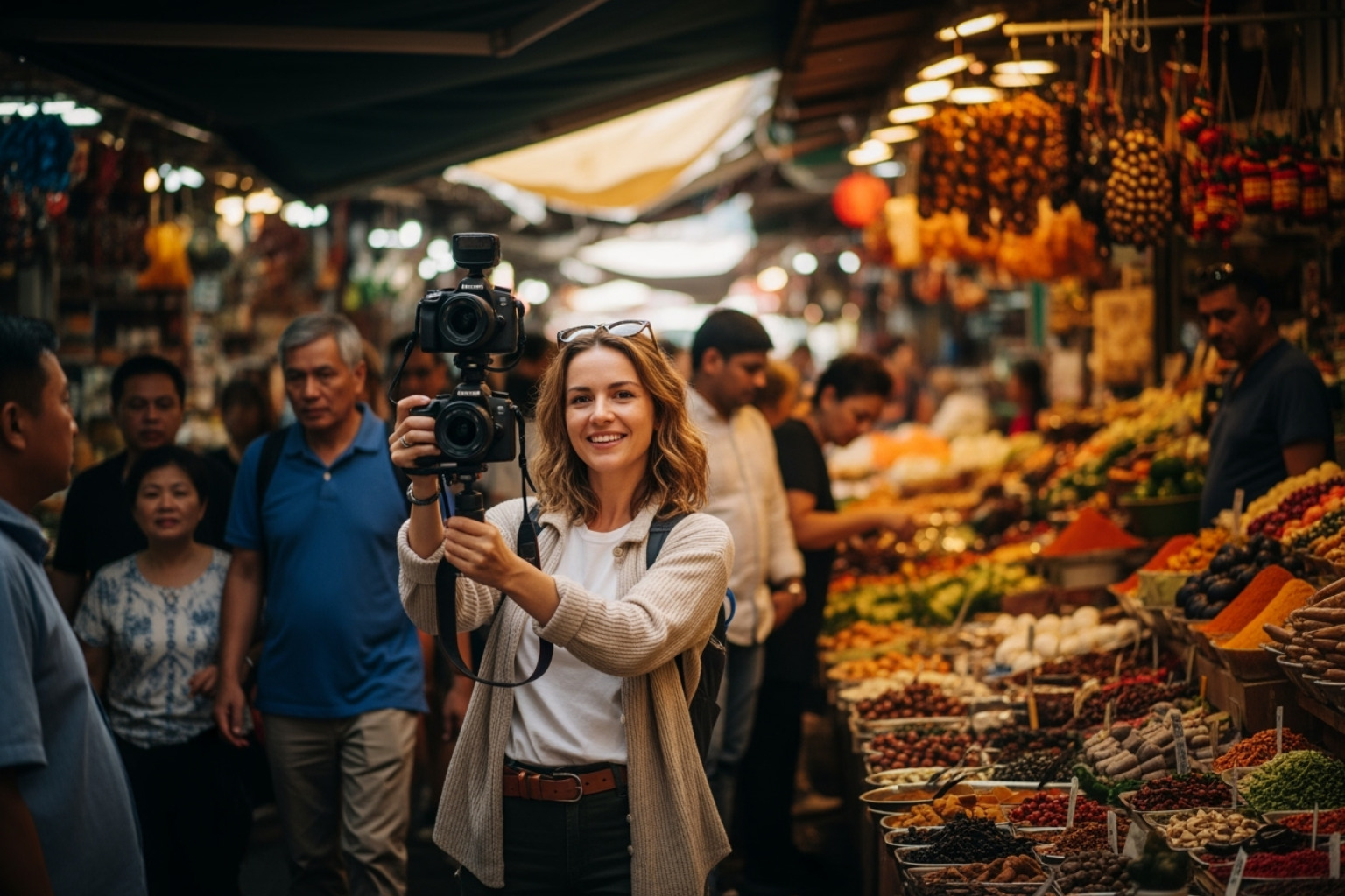 travel vlogger using a dual-camera setup in a busy market capturing both their face and the busy market scene - application mobile dualmedia