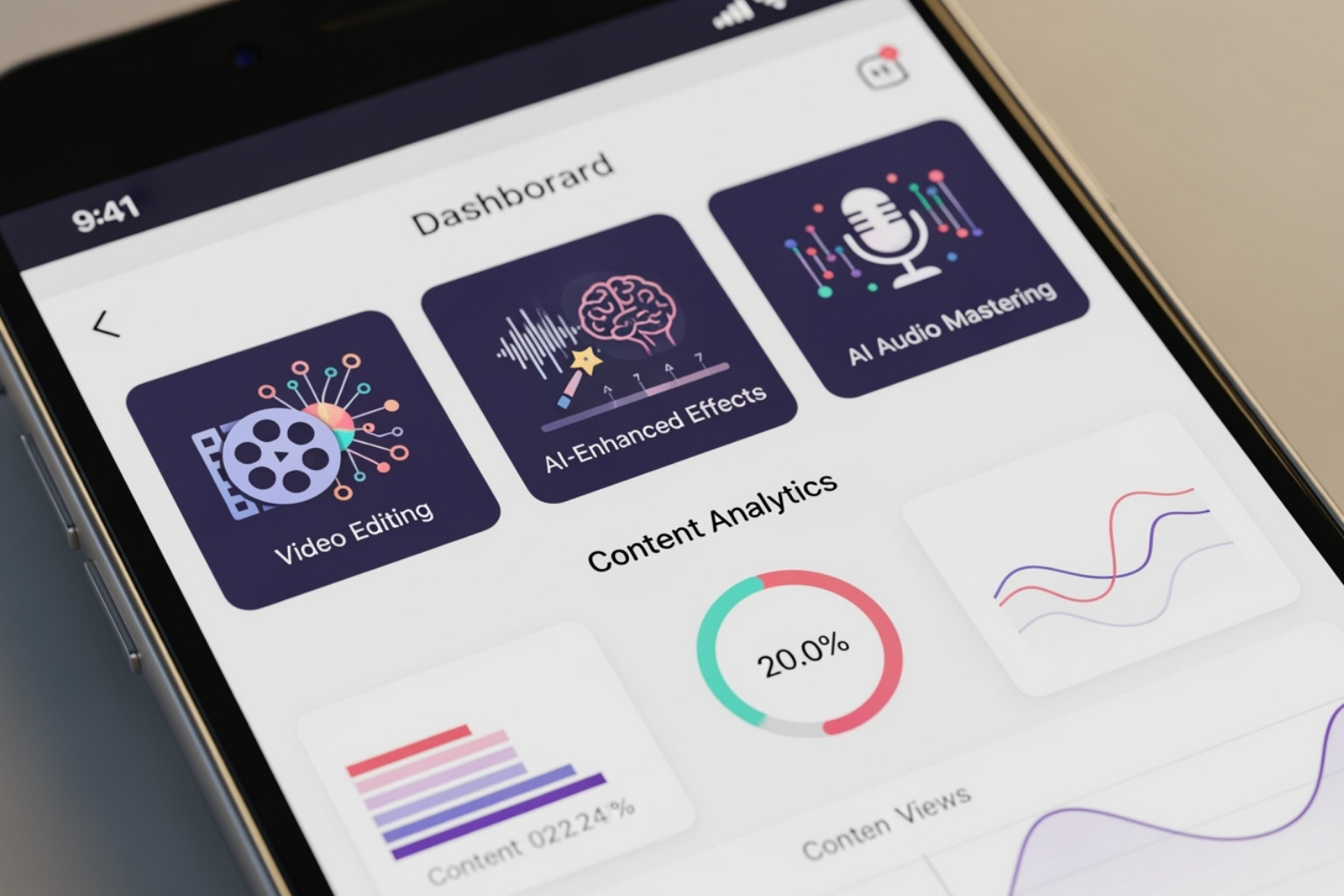 DualMedia app's dashboard interface showing various AI editing tools and content analytics - application mobile dualmedia
