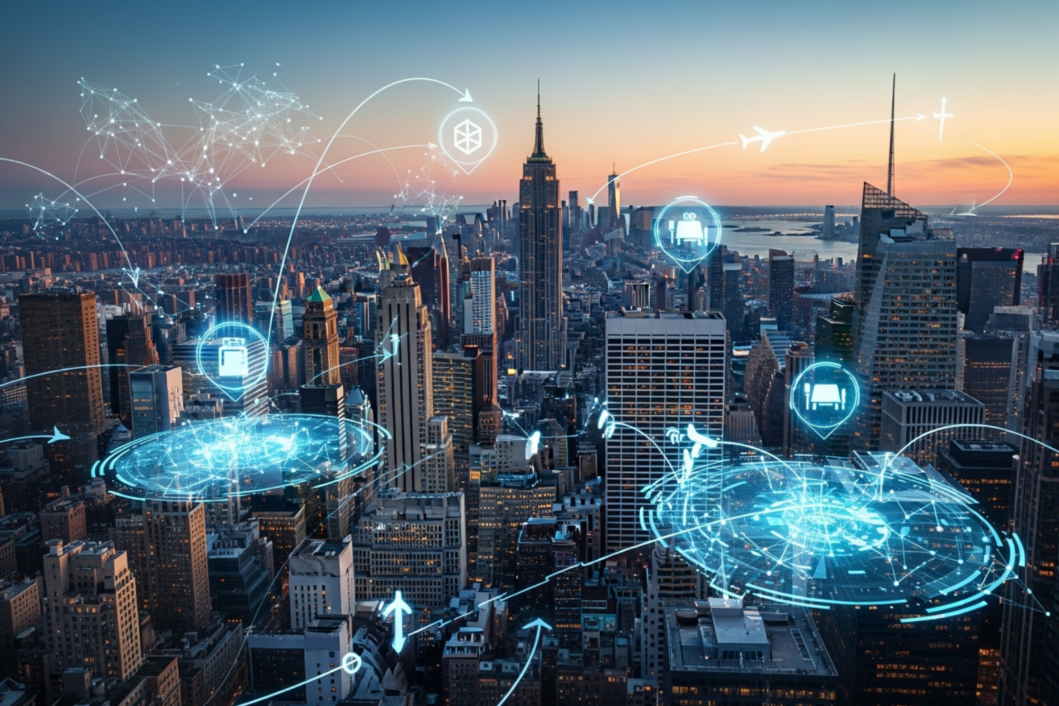 An image illustrating the synergy between AI, blockchain, and AR in creating a new media experience for local New York City dining and travel enthusiasts, showing data flows and user interactions - innovation news dualmedia
