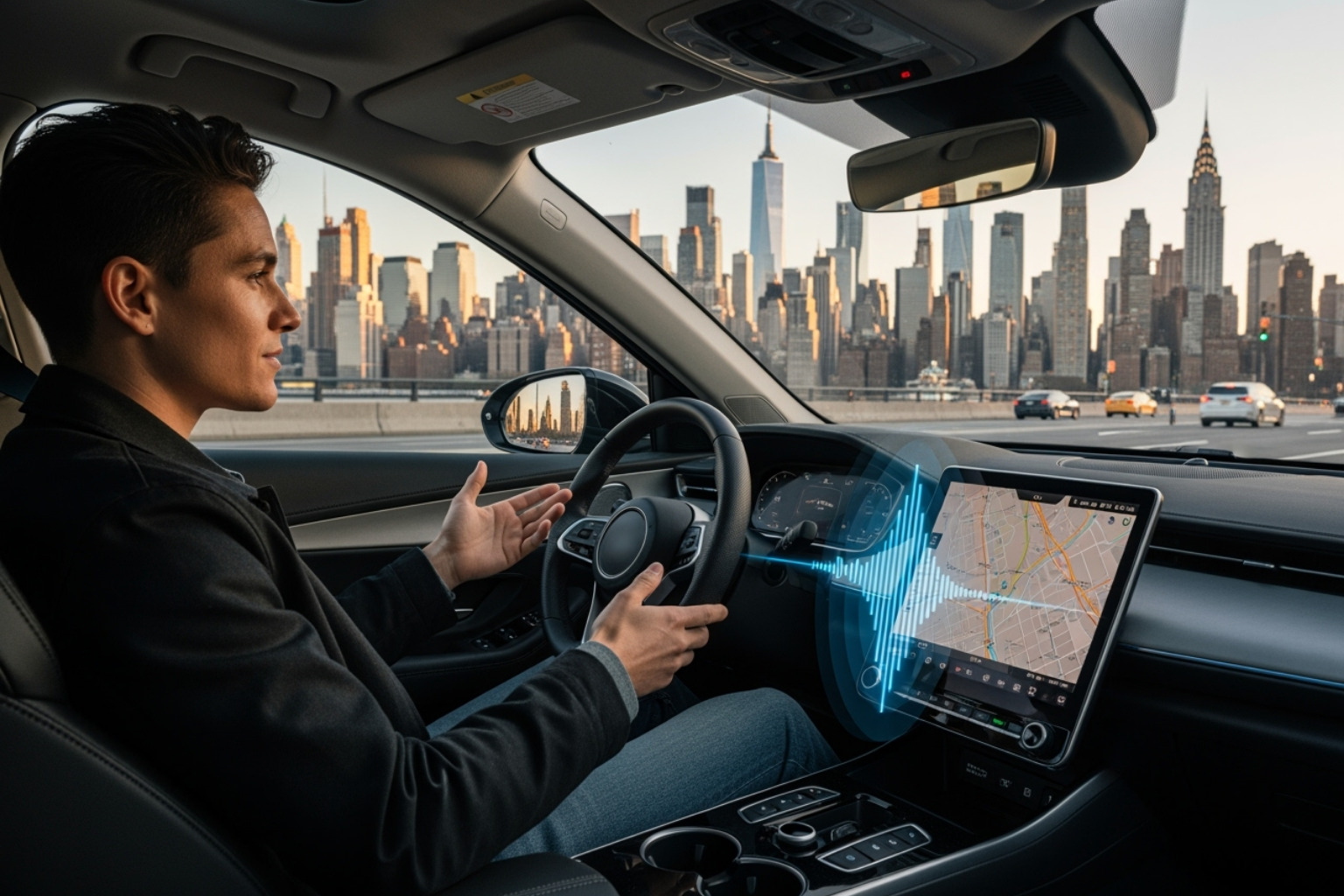 A local New York City resident using a voice assistant in their car to get daily news briefings about dining and travel in the area, with the city skyline visible in the background - innovation news dualmedia