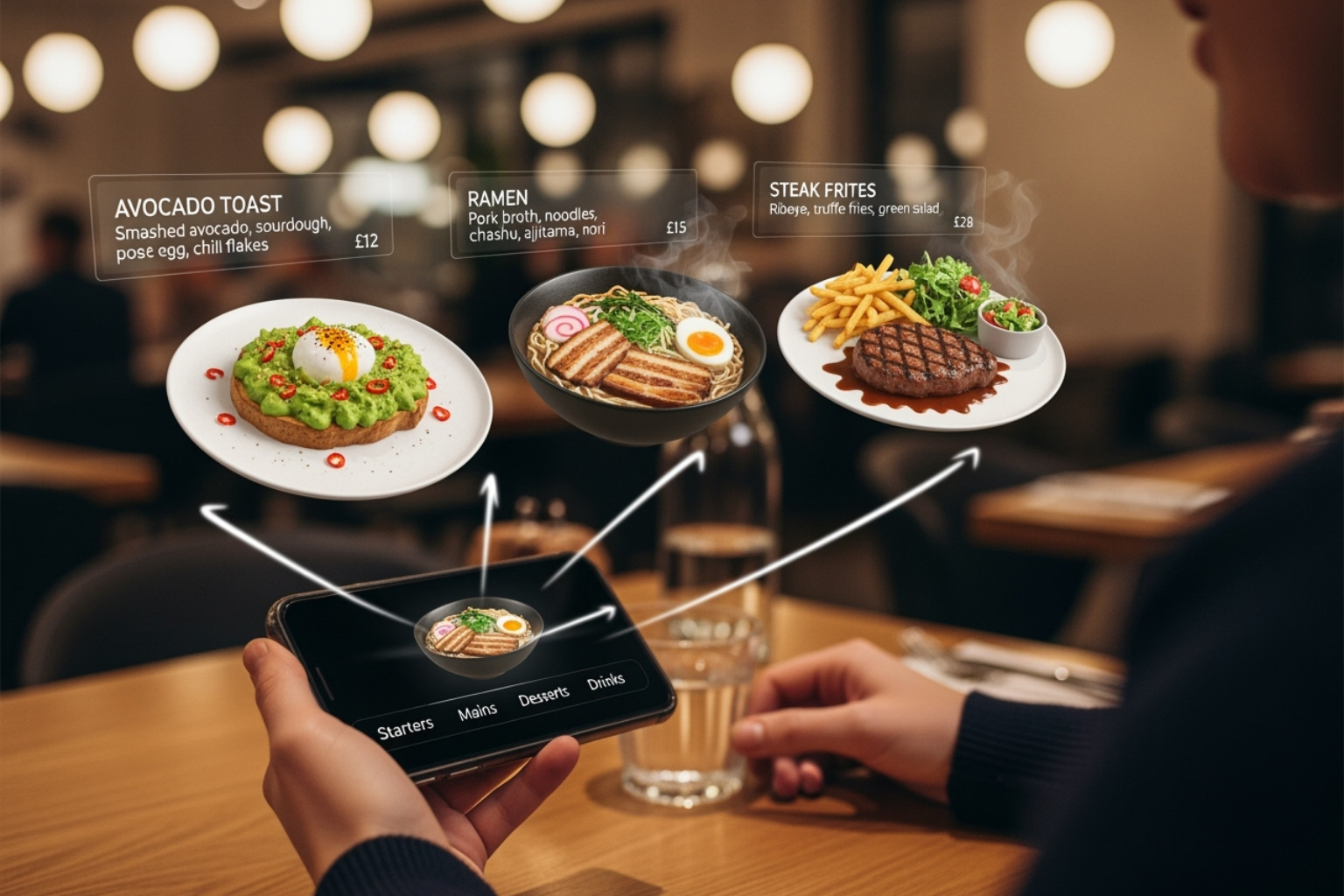 An image showcasing an interactive AR menu on a smartphone in a restaurant within The Dining Destination's service locations, with 3D models of dishes and ingredient information overlayed - innovation news dualmedia