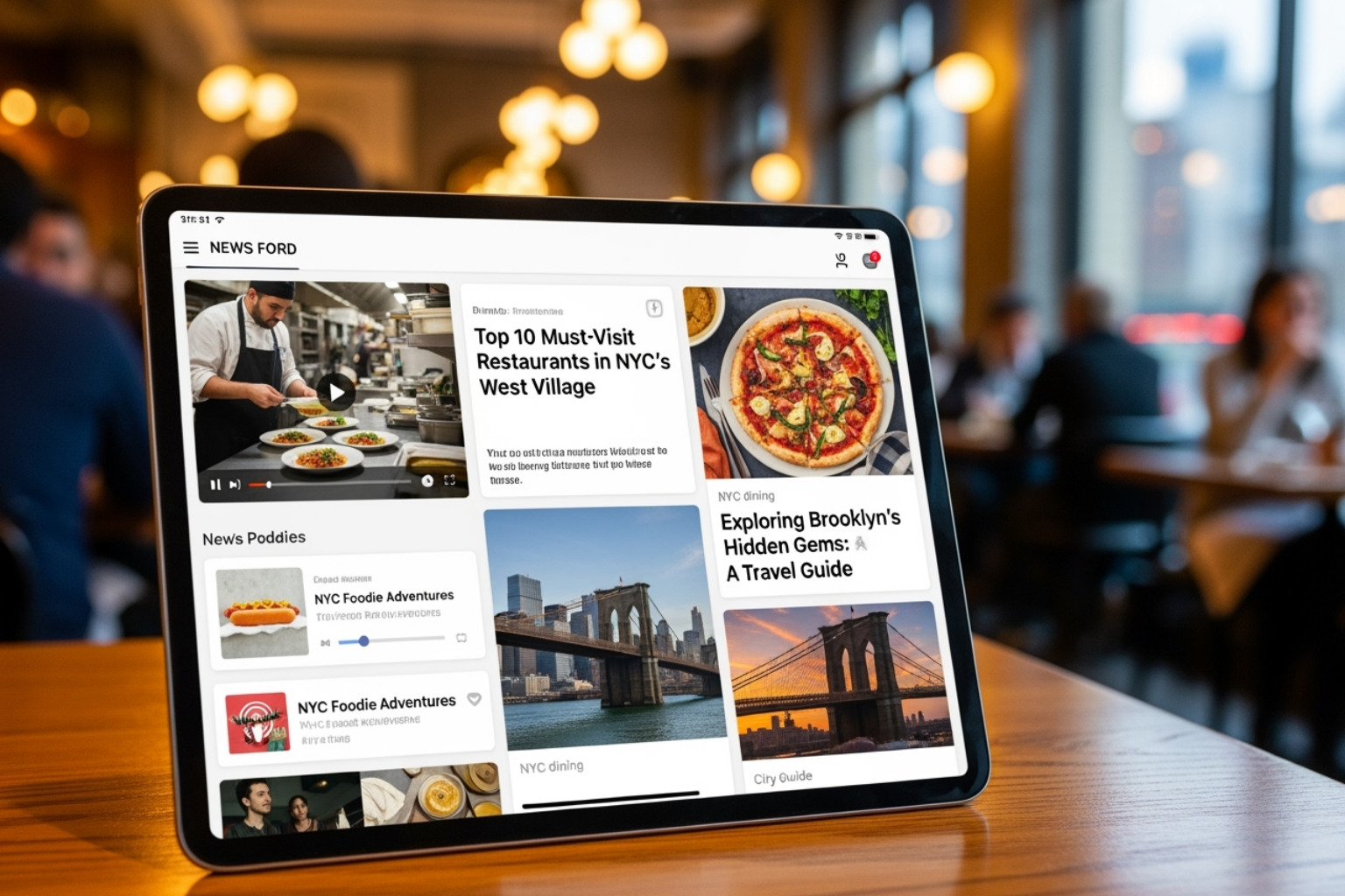 A personalized news feed on a tablet showing a mix of video, audio, and text-based stories, with a focus on local New York City dining and travel innovation, featuring a vibrant restaurant scene - innovation news dualmedia