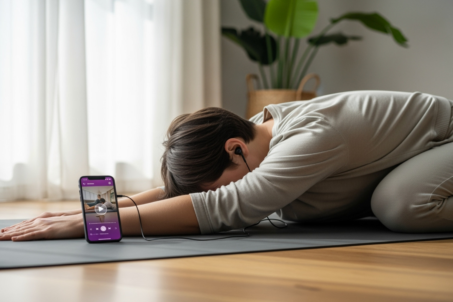 person listening to a wellness podcast on their phone while doing yoga - innovation news dualmedia
