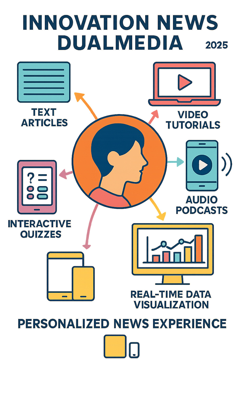 Infographic showing how dualmedia combines text articles, video tutorials, audio podcasts, interactive quizzes, and real-time data visualization into a single, personalized news experience that adapts to different devices and user preferences - innovation news dualmedia infographic 