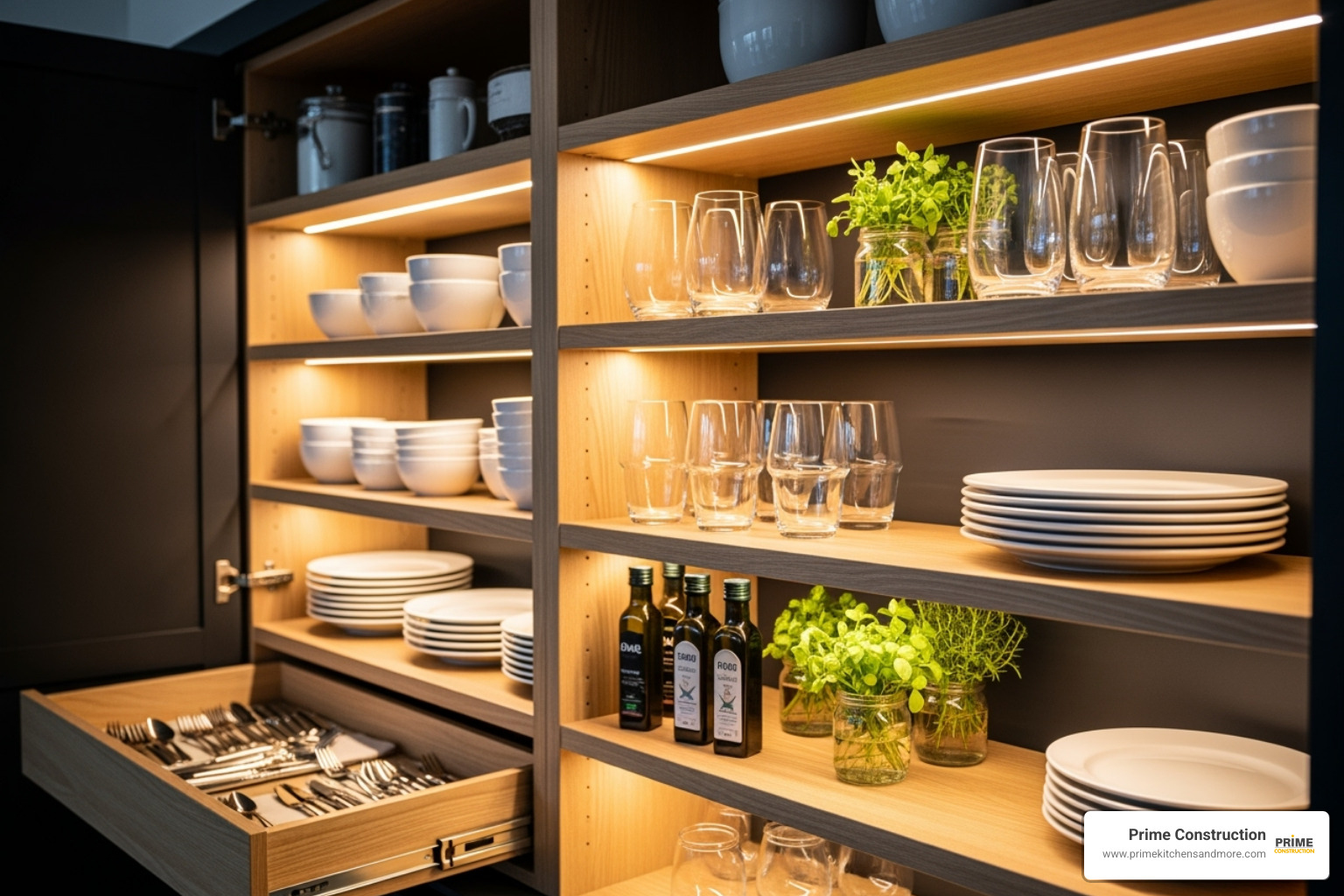 custom-built cabinet interior with integrated lighting - orlando fl kitchen cabinet storage solutions