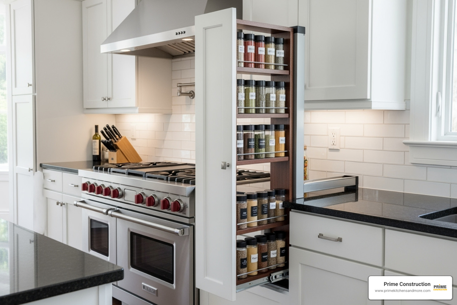 narrow pull-out spice rack next to a stove - orlando fl kitchen cabinet storage solutions