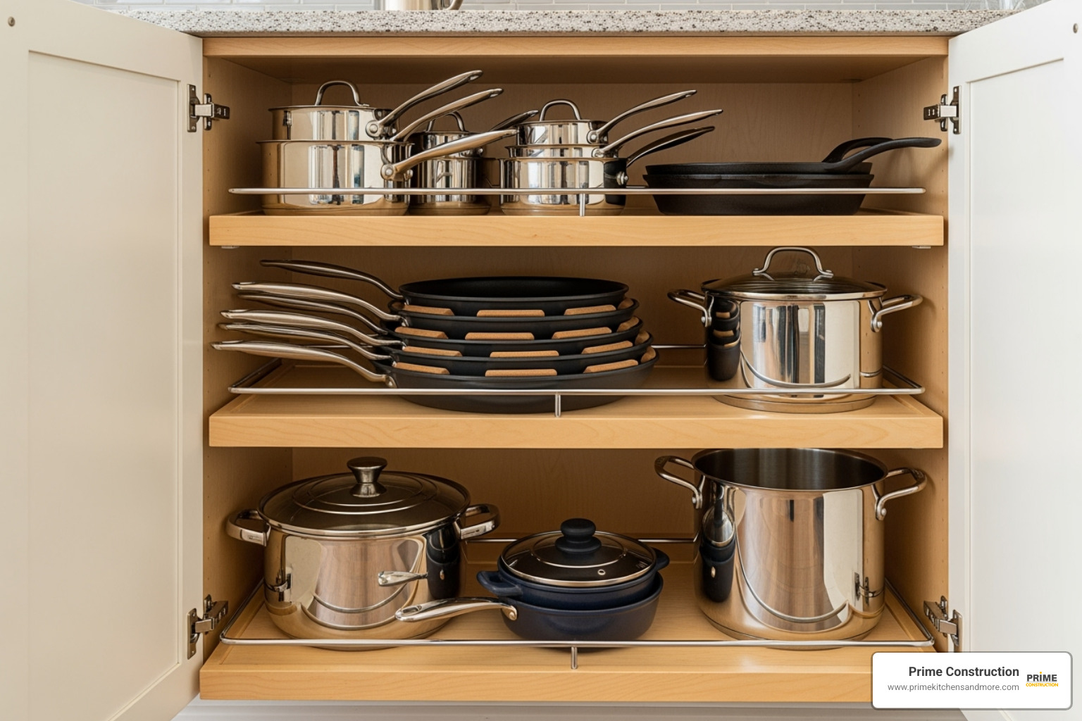 cabinet with full-extension pull-out shelves displaying pots and pans - orlando fl kitchen cabinet storage solutions