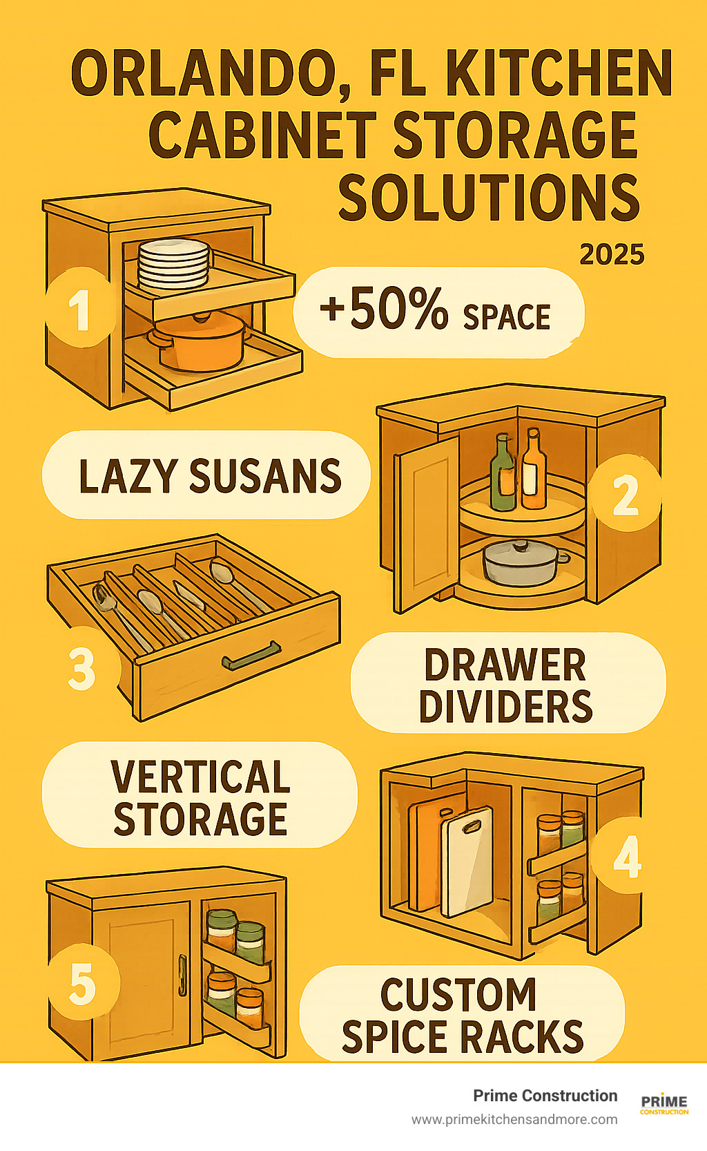 Infographic showing the top 5 kitchen cabinet storage solutions for Orlando homes: pull-out shelves increasing space by 50%, lazy Susans for corner access, drawer dividers for organization, vertical storage for thin items, and custom spice racks for narrow spaces - orlando fl kitchen cabinet storage solutions infographic 