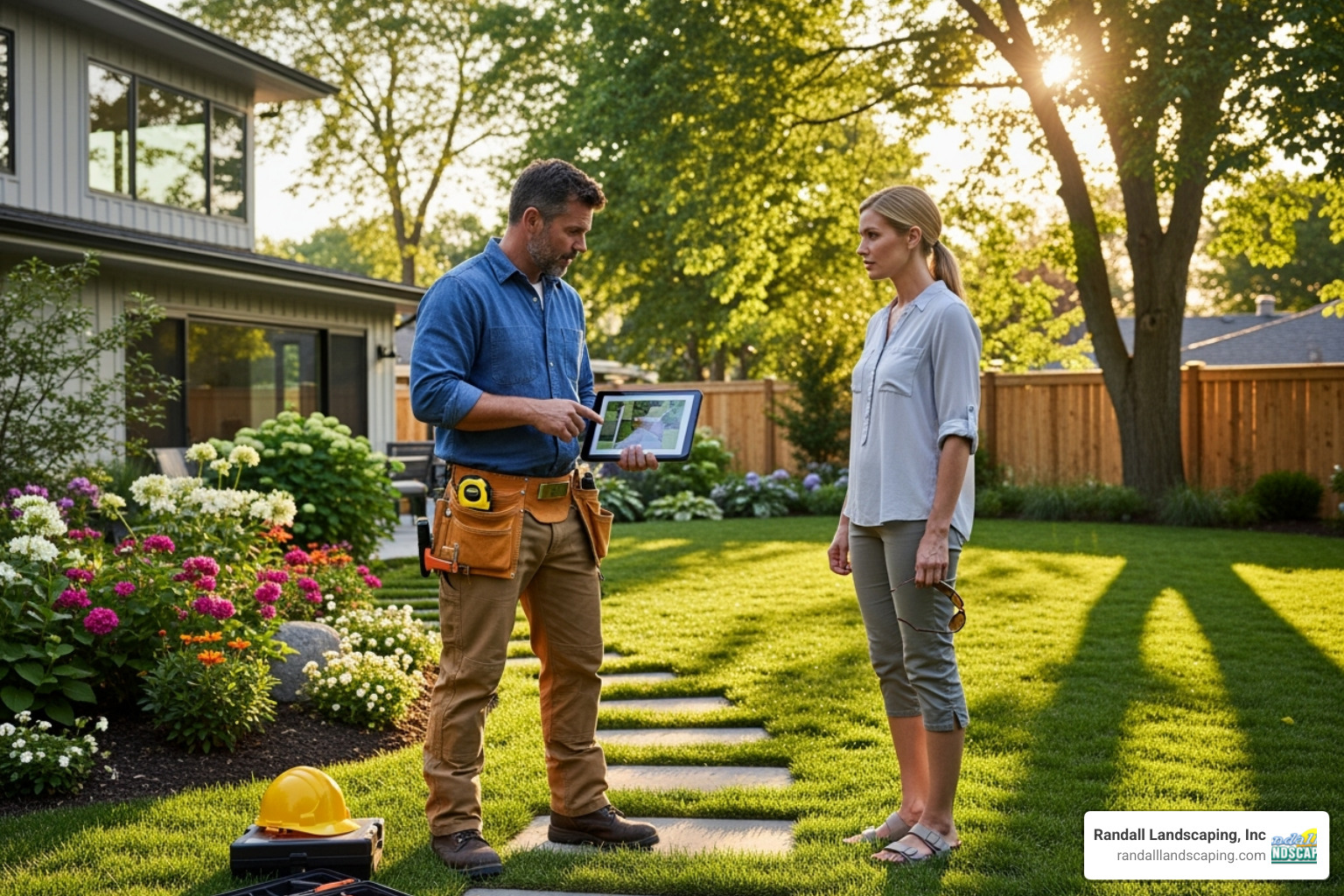 contractor discussing plans with homeowner - stone walkway contractors