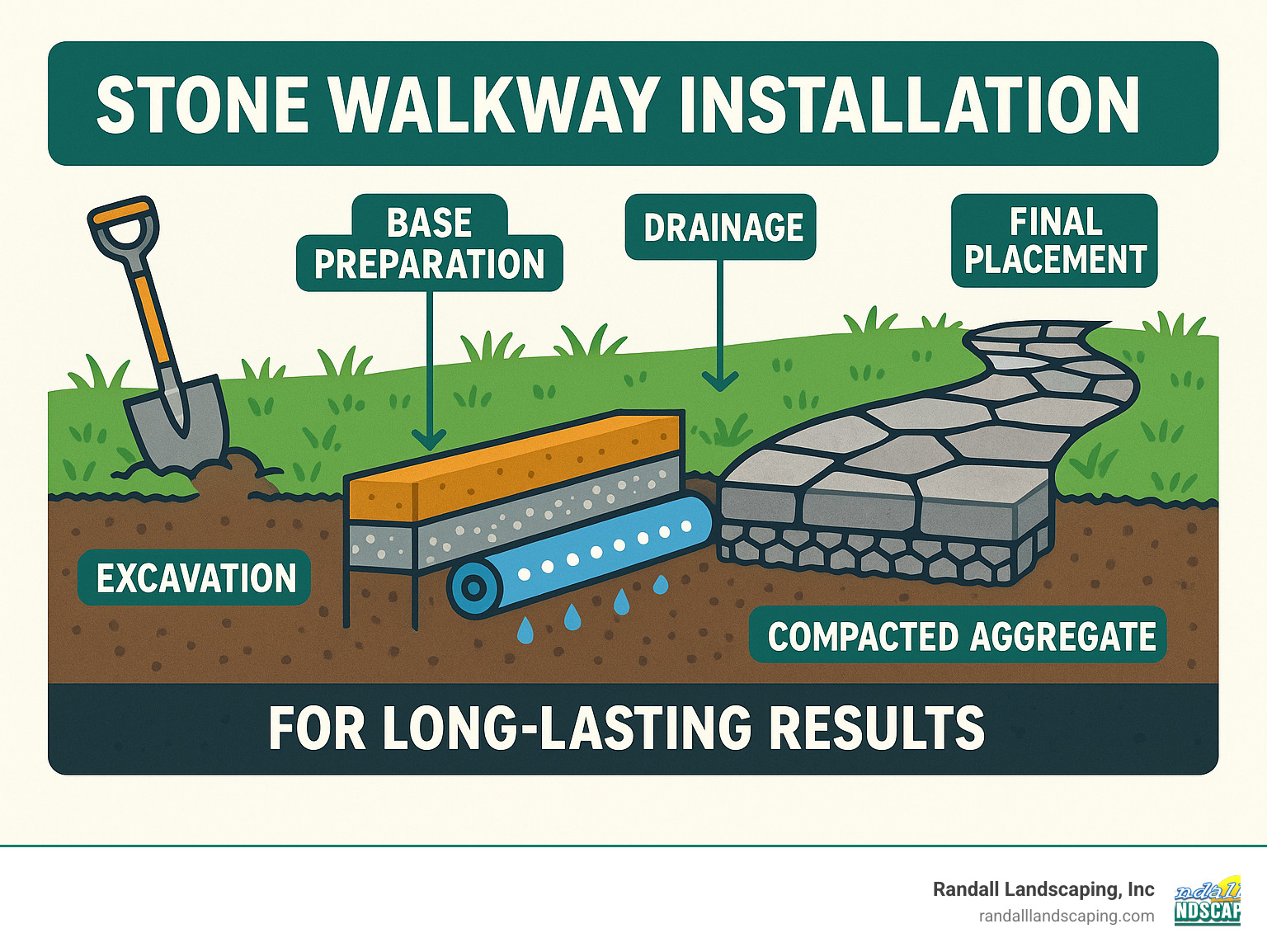 Infographic showing the stone walkway installation process from excavation through final stone placement, including base preparation layers, proper drainage considerations, and finishing techniques for long-lasting results - stone walkway contractors infographic 