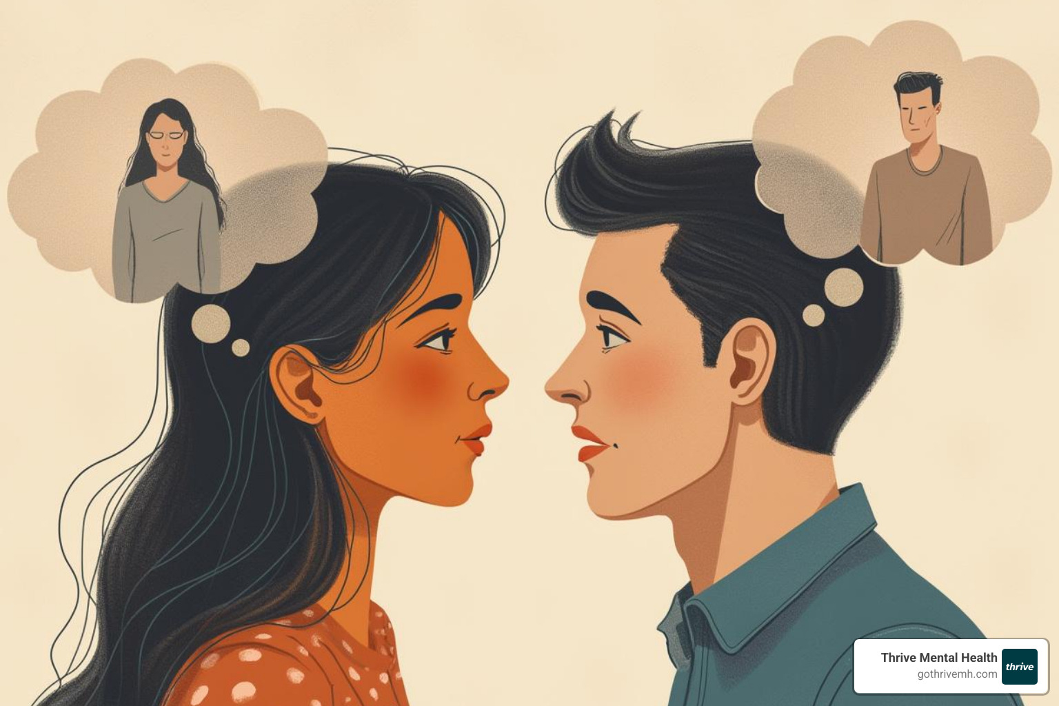 Illustration of two people in conflict, with thought bubbles showing misinterpretations of each other's intentions, leading to distress - define mentalization