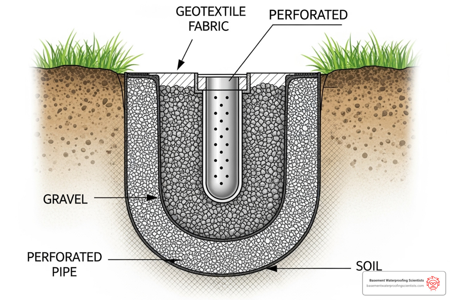 image of a cross-section of a French drain showing the perforated pipe, gravel, and fabric liner - french drain installation company