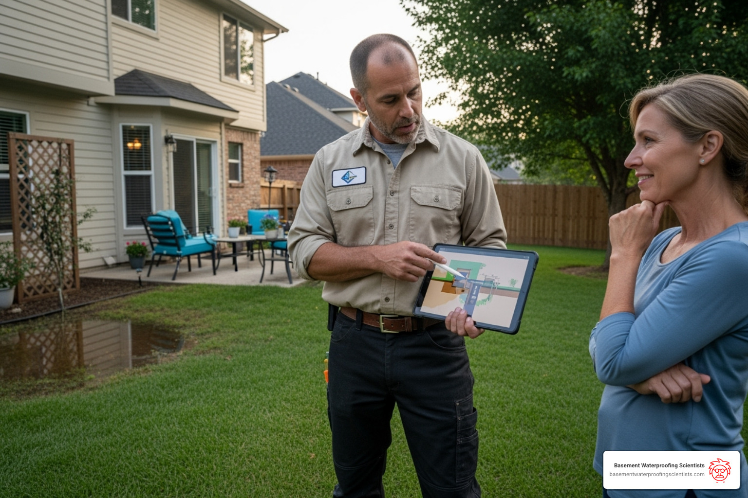image of a contractor providing a quote for a drainage project - french drain installation company