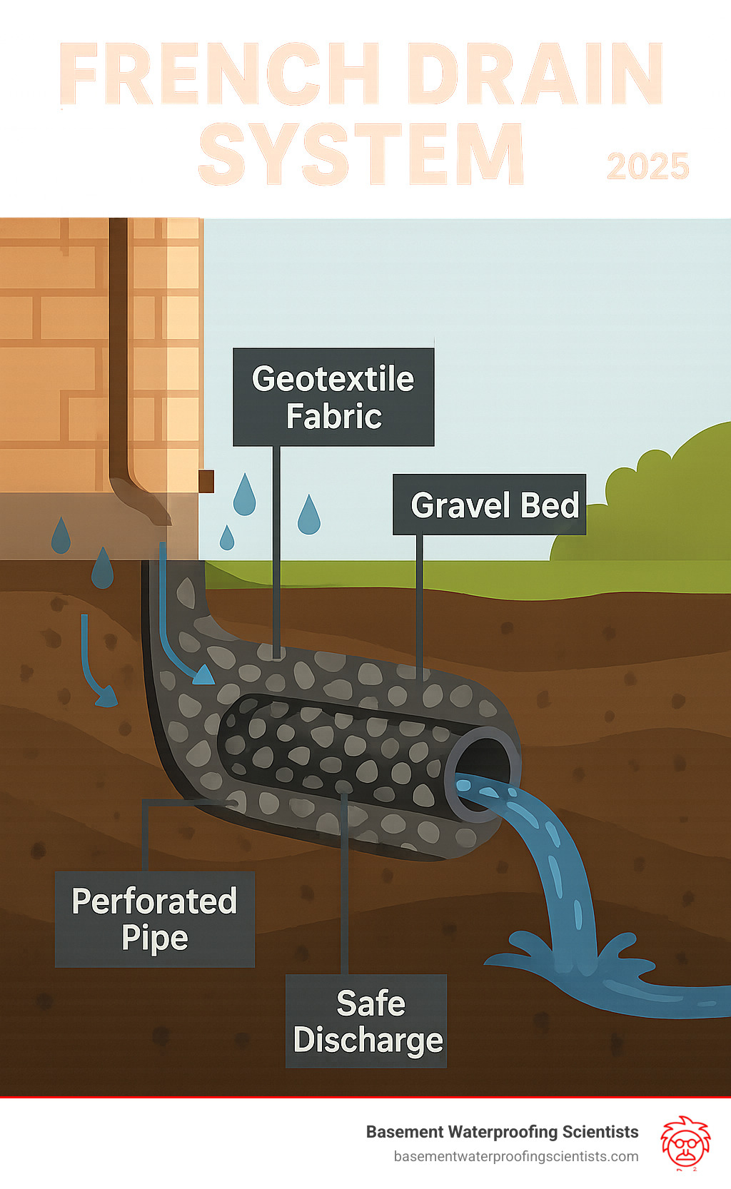 Infographic showing cross-section of a French drain system with perforated pipe, gravel bed, and geotextile fabric directing water away from a house foundation to a safe discharge point - french drain installation company infographic 