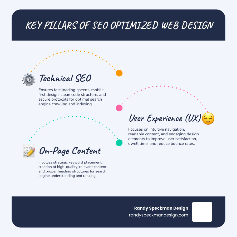 Comprehensive infographic explaining the key pillars of SEO-friendly web design: Technical SEO, On-Page Content, and User Experience. - seo optimized web design infographic infographic-line-3-steps-blues-accent_colors