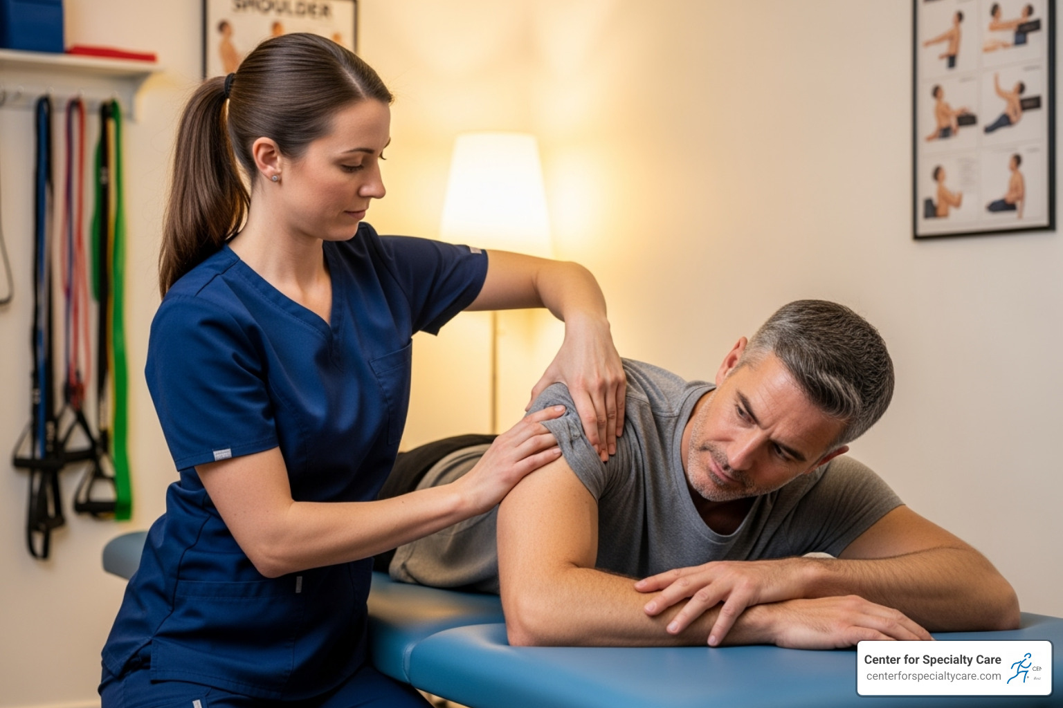 physical therapist working on a patient's shoulder - muscle knot shoulder blade