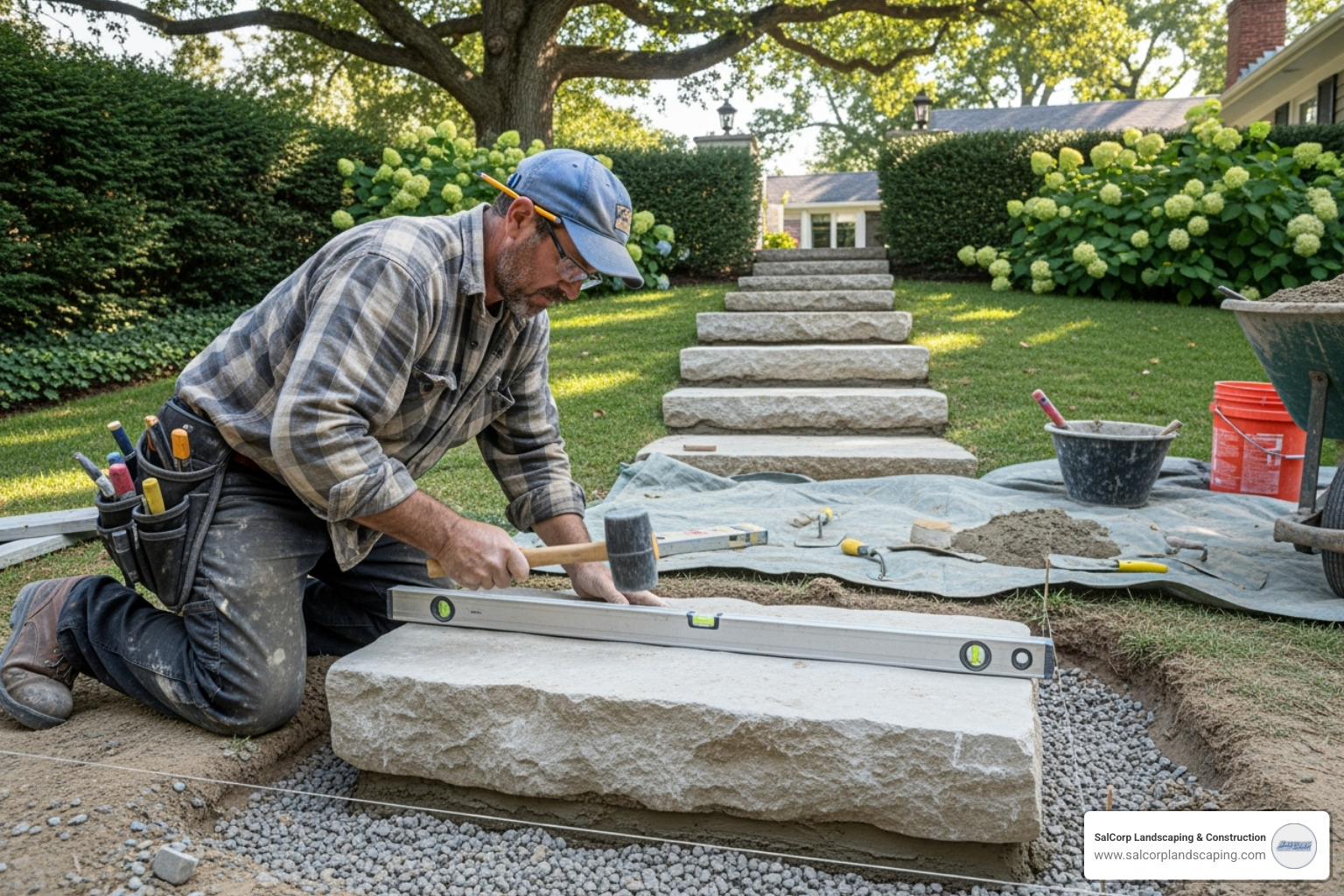 Professional mason carefully setting a large stone step into place - stone steps front yard