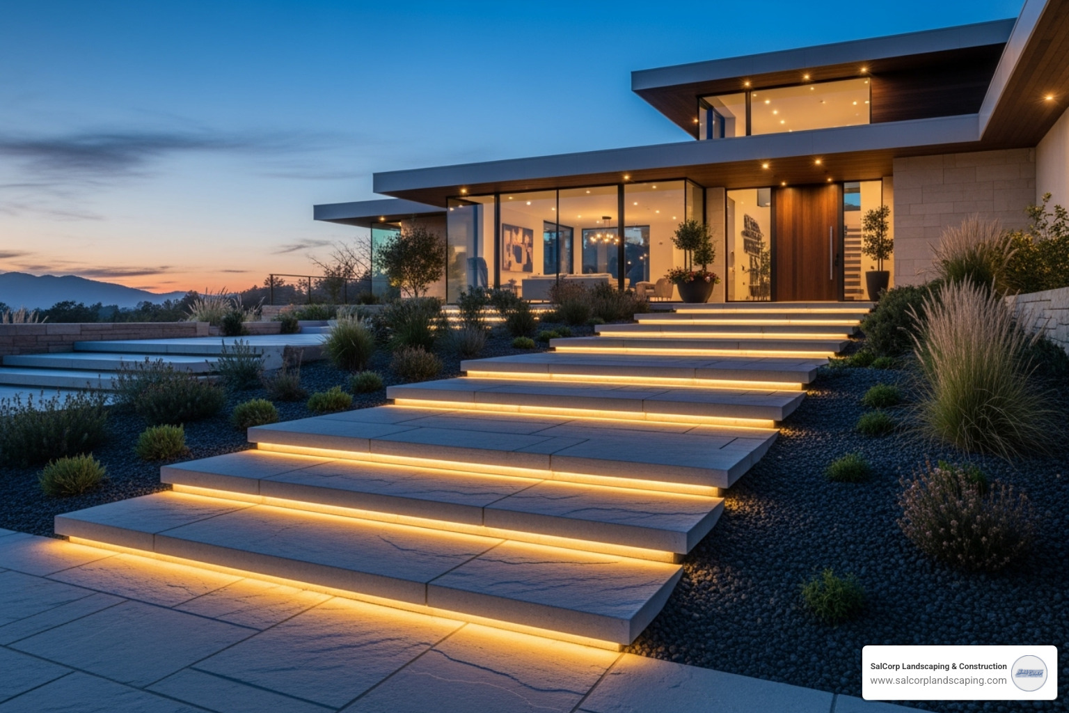 Modern, wide floating stone steps with integrated lighting - stone steps front yard
