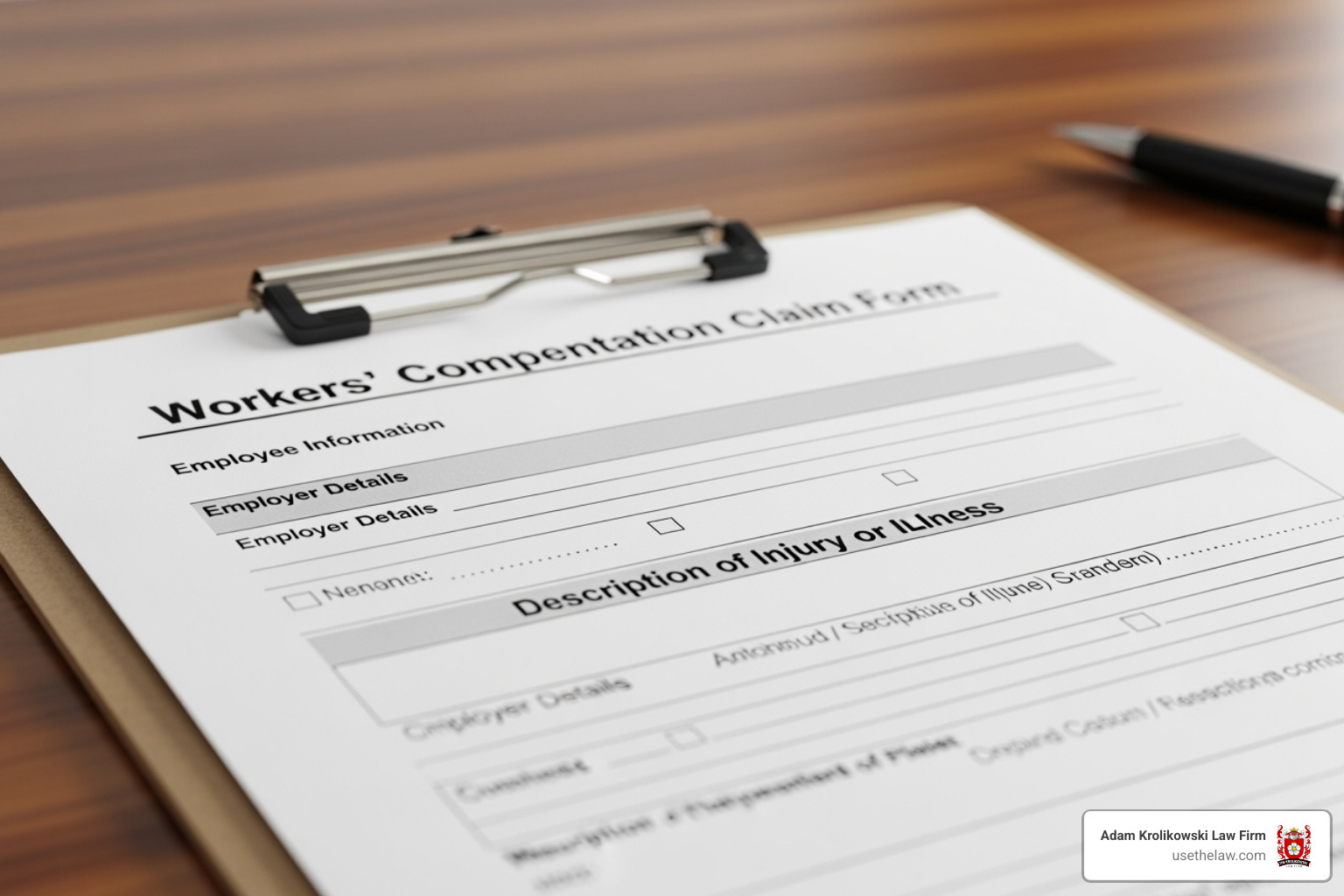 Image of a workers' compensation claim form with fields for personal information, employer details, and injury/illness description - Occupational disease attorney