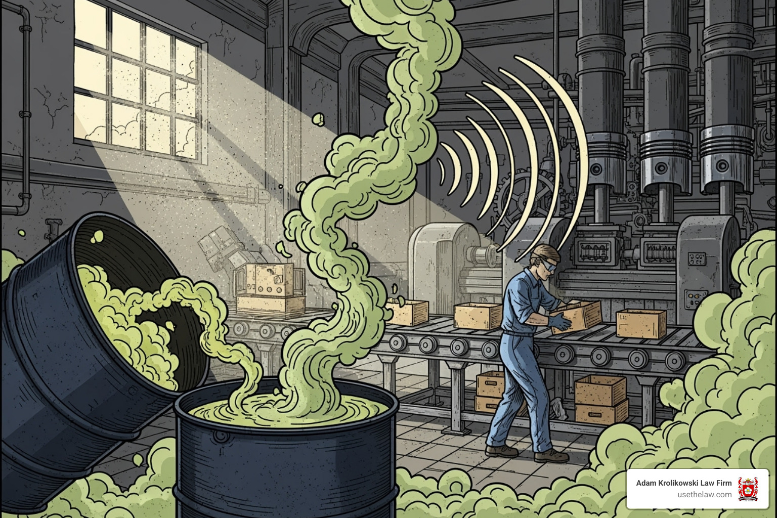 Illustration showing various workplace hazards and exposures, such as chemical fumes from a barrel, dust particles in the air, a worker performing repetitive motions at a conveyor belt, and loud machinery - Occupational disease attorney