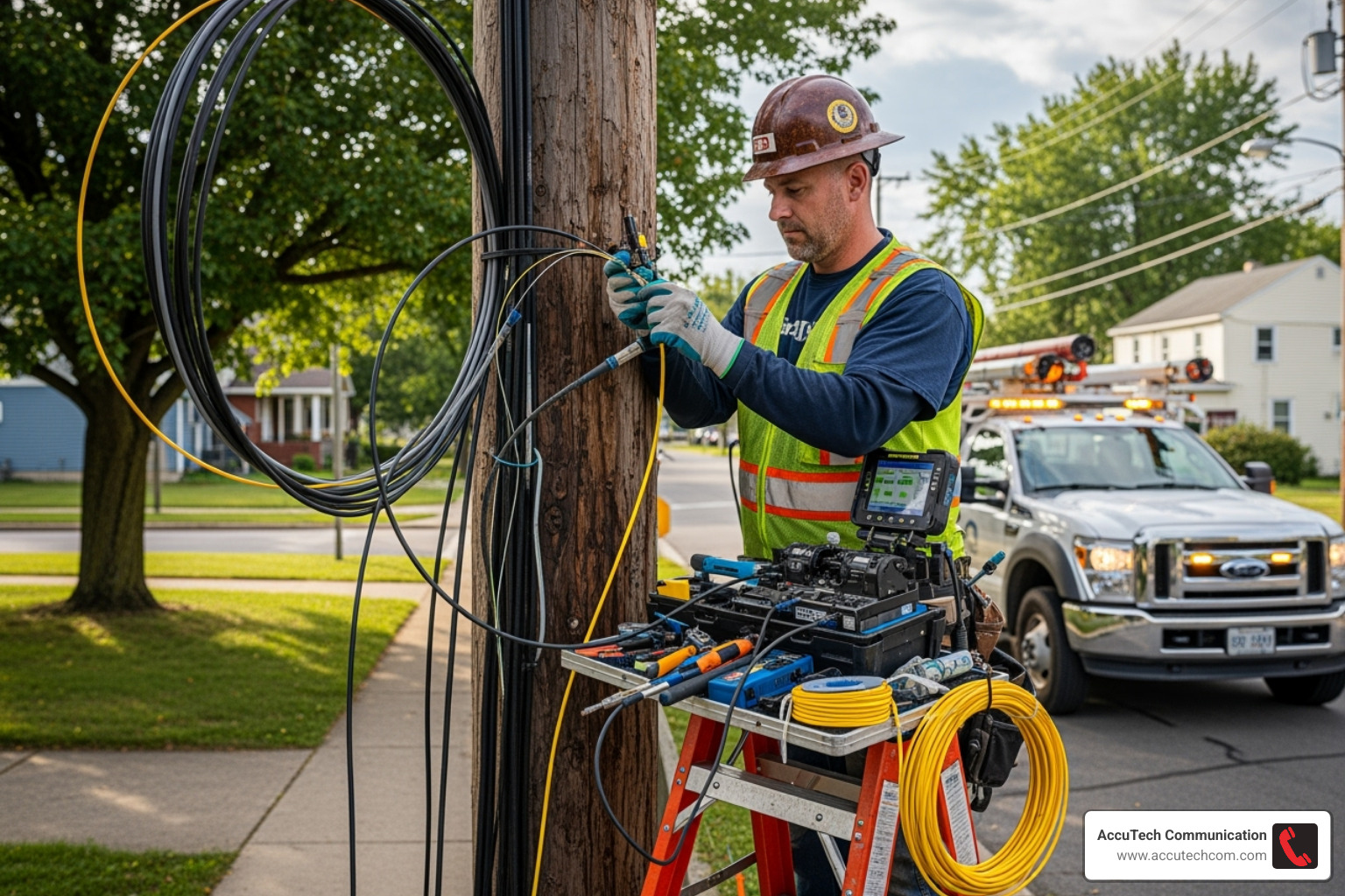 technician working outdoors near a utility pole - fiber optics technician jobs