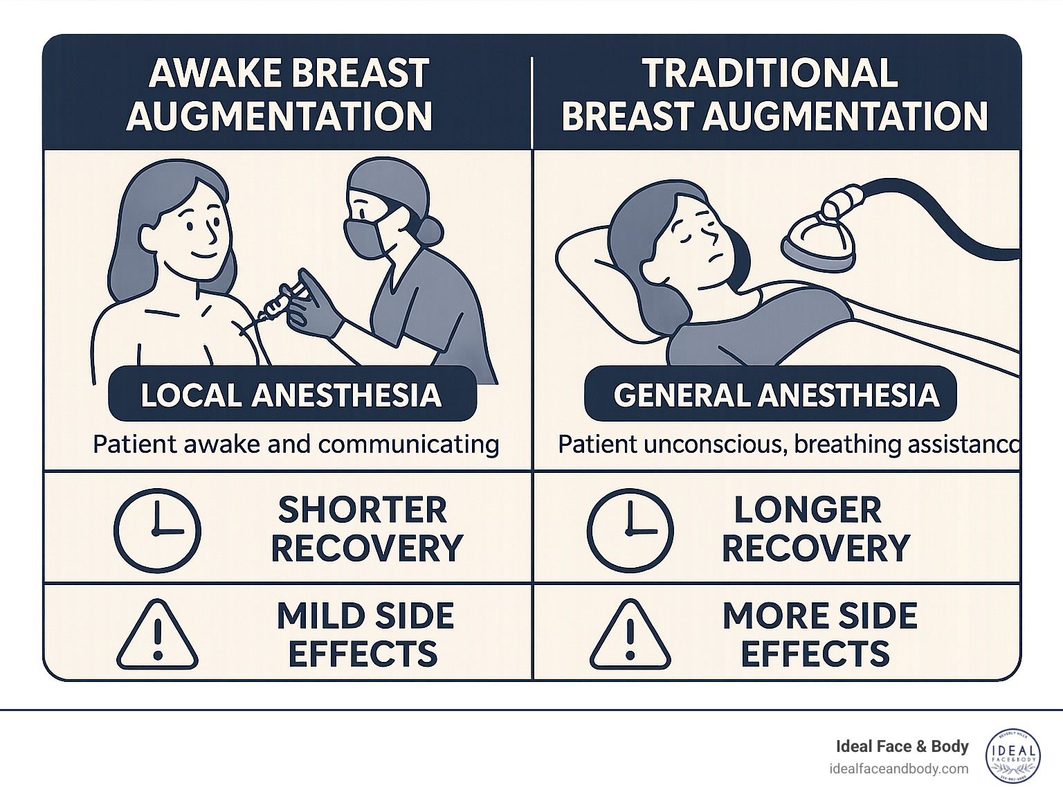 Infographic comparing awake breast augmentation vs traditional breast augmentation showing local anesthesia with patient awake and communicating versus general anesthesia with patient unconscious and requiring breathing assistance, recovery times, and common side effects - awake breast augmentation near me infographic  Infographic comparing awake breast augmentation vs traditional breast augmentation showing local anesthesia with patient awake and communicating versus general anesthesia with patient unconscious and requiring breathing assistance, recovery times, and common side effects - awake breast augmentation near me infographic