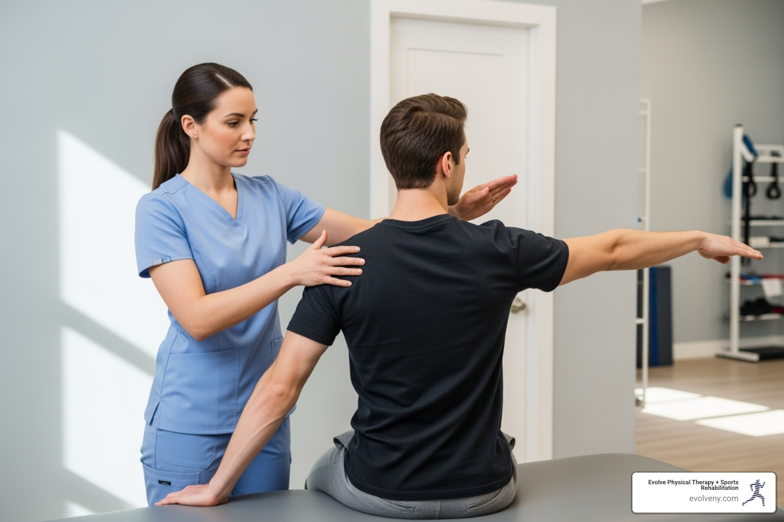 Physical therapist performing the Scapular Assistance Test on a patient - how much of shoulder mobility is due to scapular movement