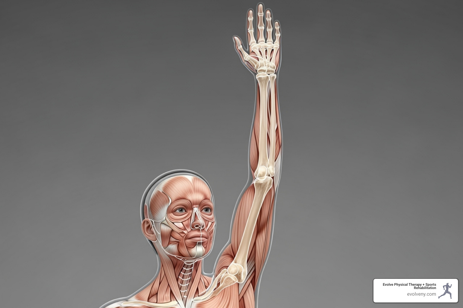 Person raising arm with degrees of motion marked for both the GH and ST joints - how much of shoulder mobility is due to scapular movement