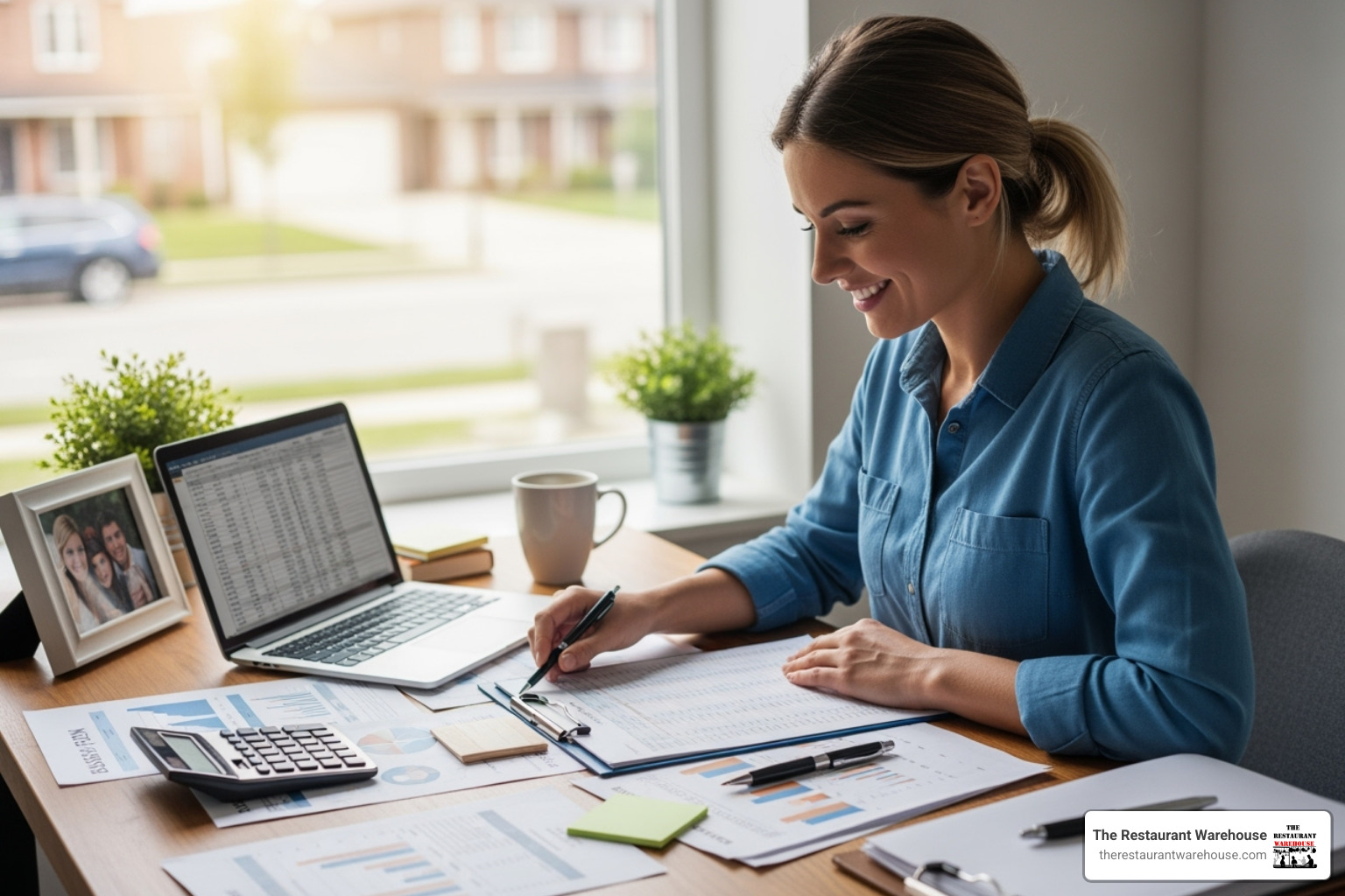 Small business owner looking at financial documents with a smile - commercial fridge lease