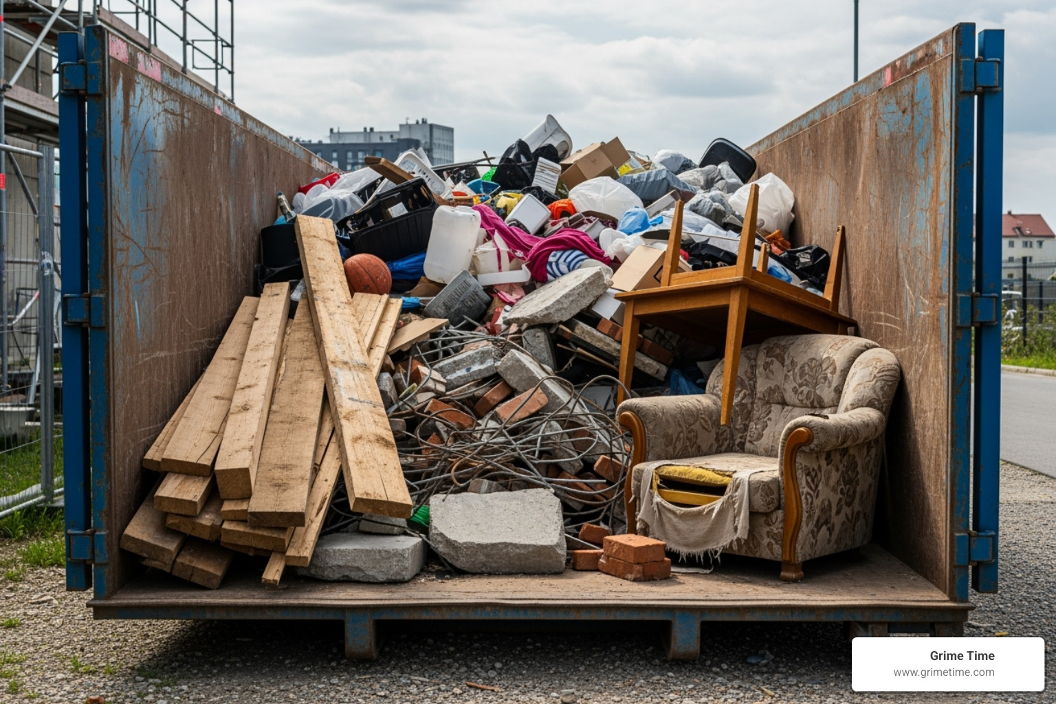 A roll-off dumpster filled with mixed debris including wood, concrete, and household items - San Marcos junk removal