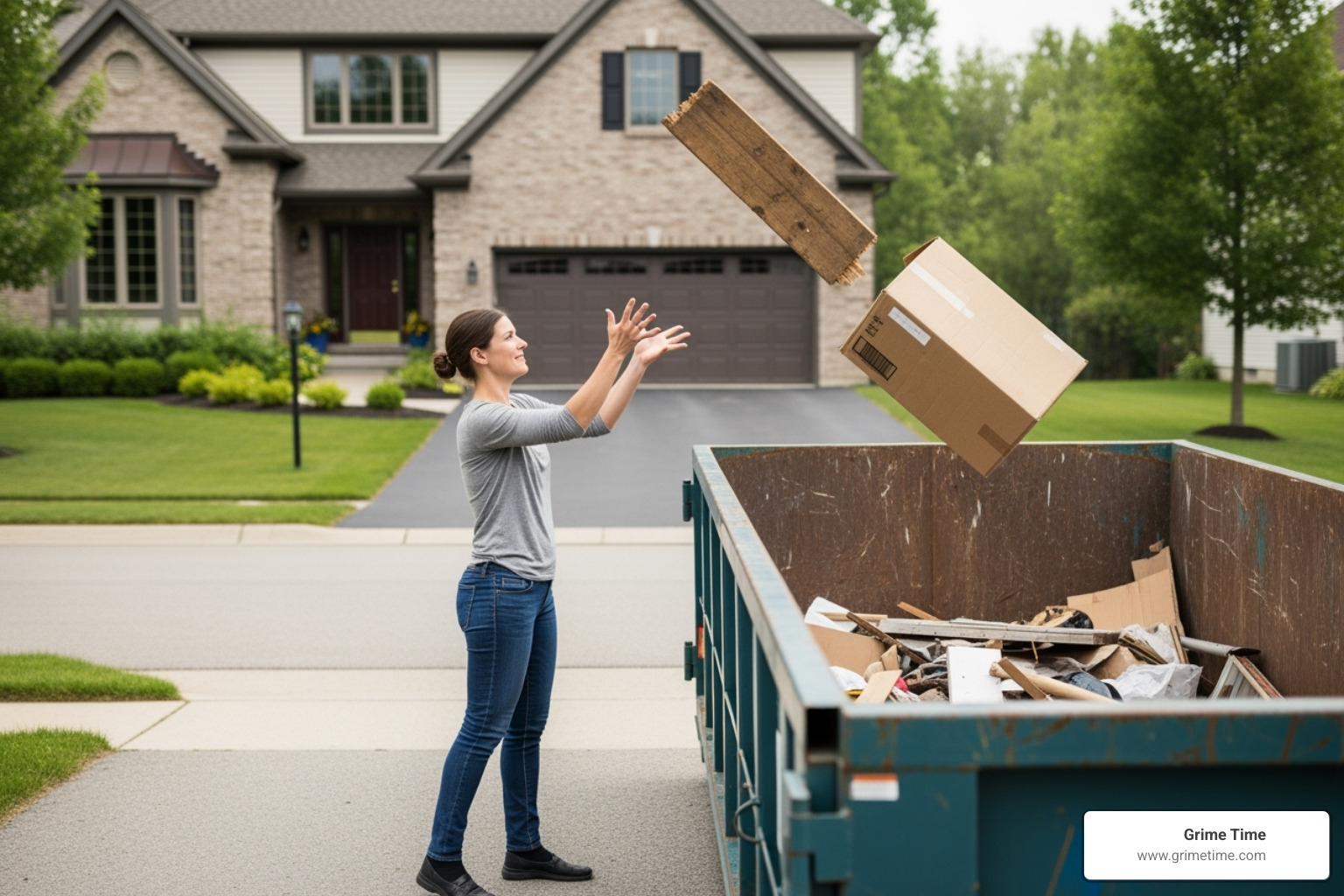A homeowner easily tossing debris into a dumpster in their driveway, demonstrating convenience - San Marcos junk removal