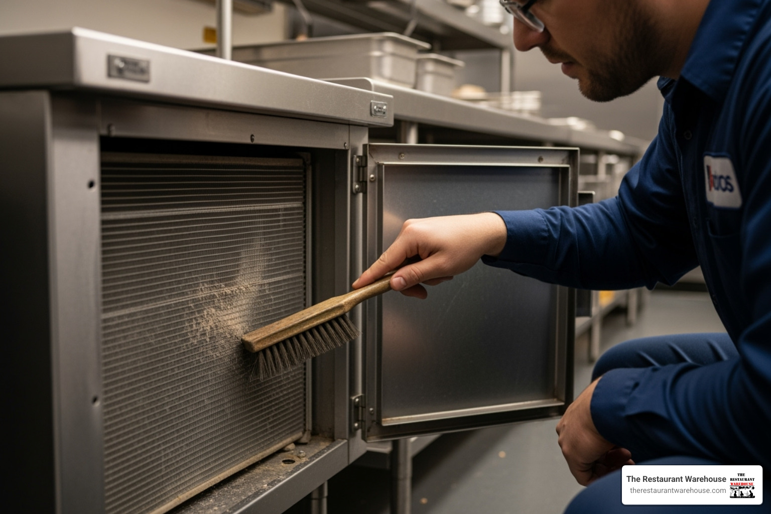 Service technician brushing dust from the condenser coil of a pizza prep table to maintain peak cooling performance
