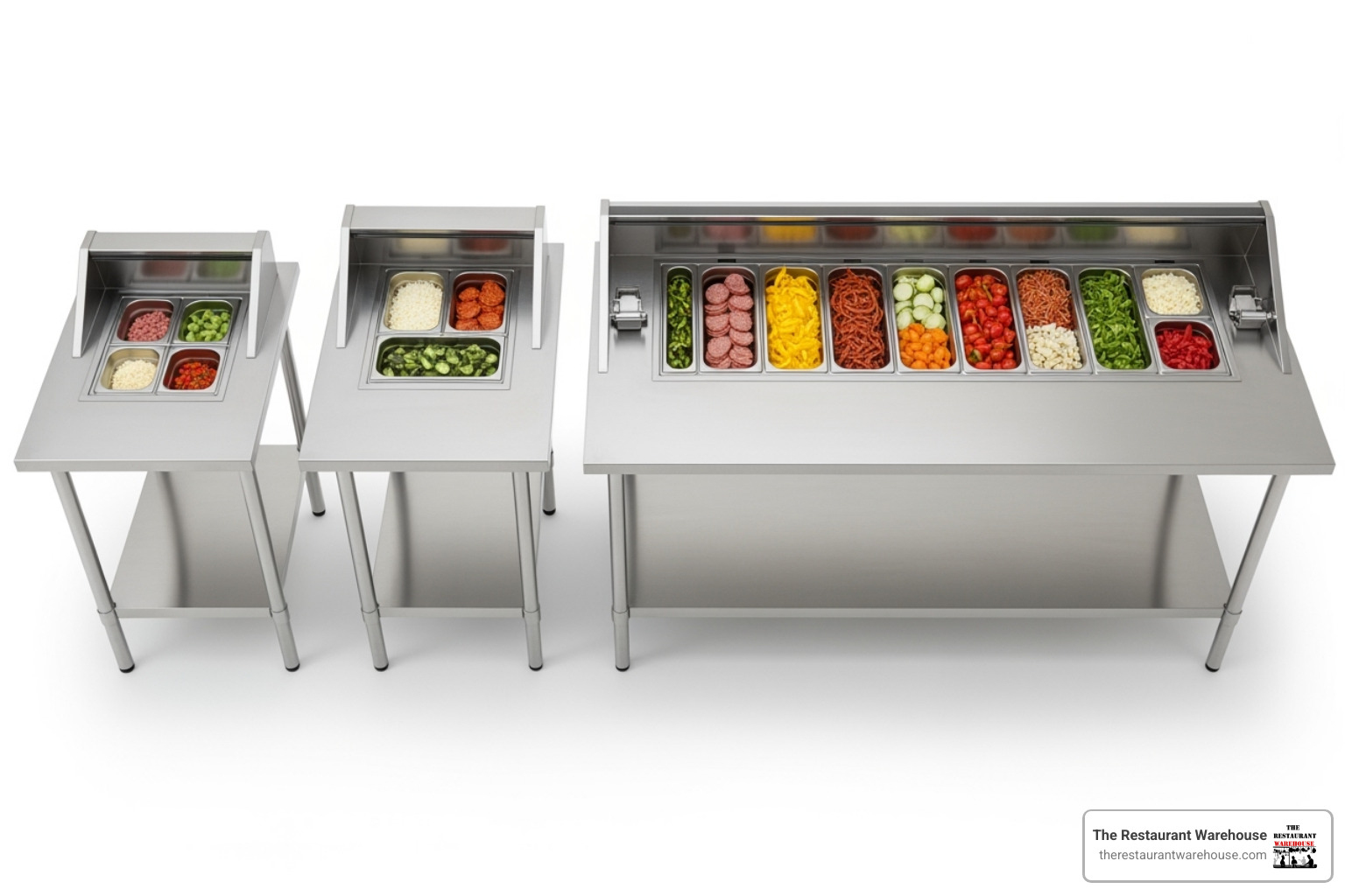 Top-down footprint comparison of small, medium, and large commercial pizza prep tables with pan capacity overlays