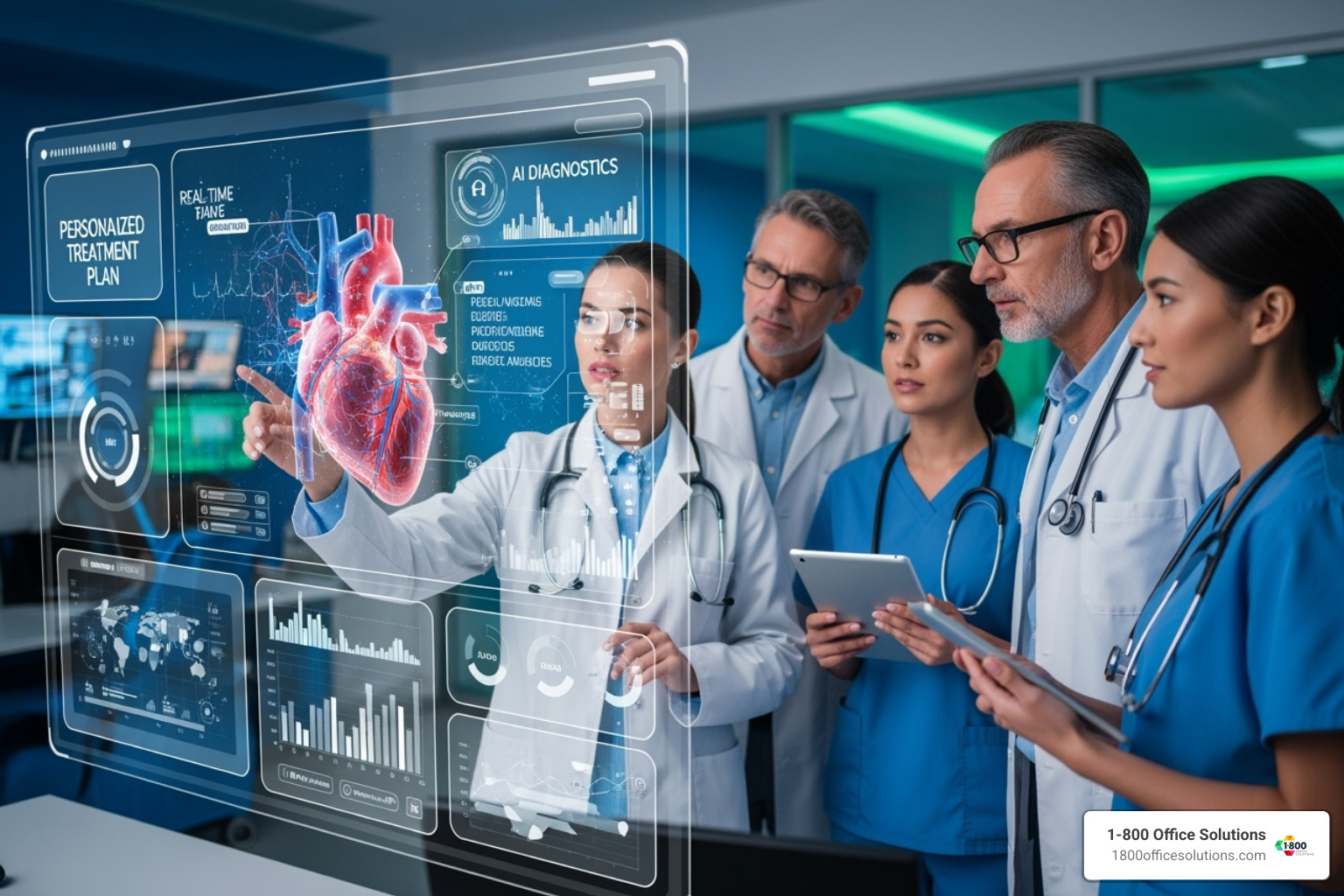 healthcare professionals collaborating with AI on a digital interface - future of ai in healthcare