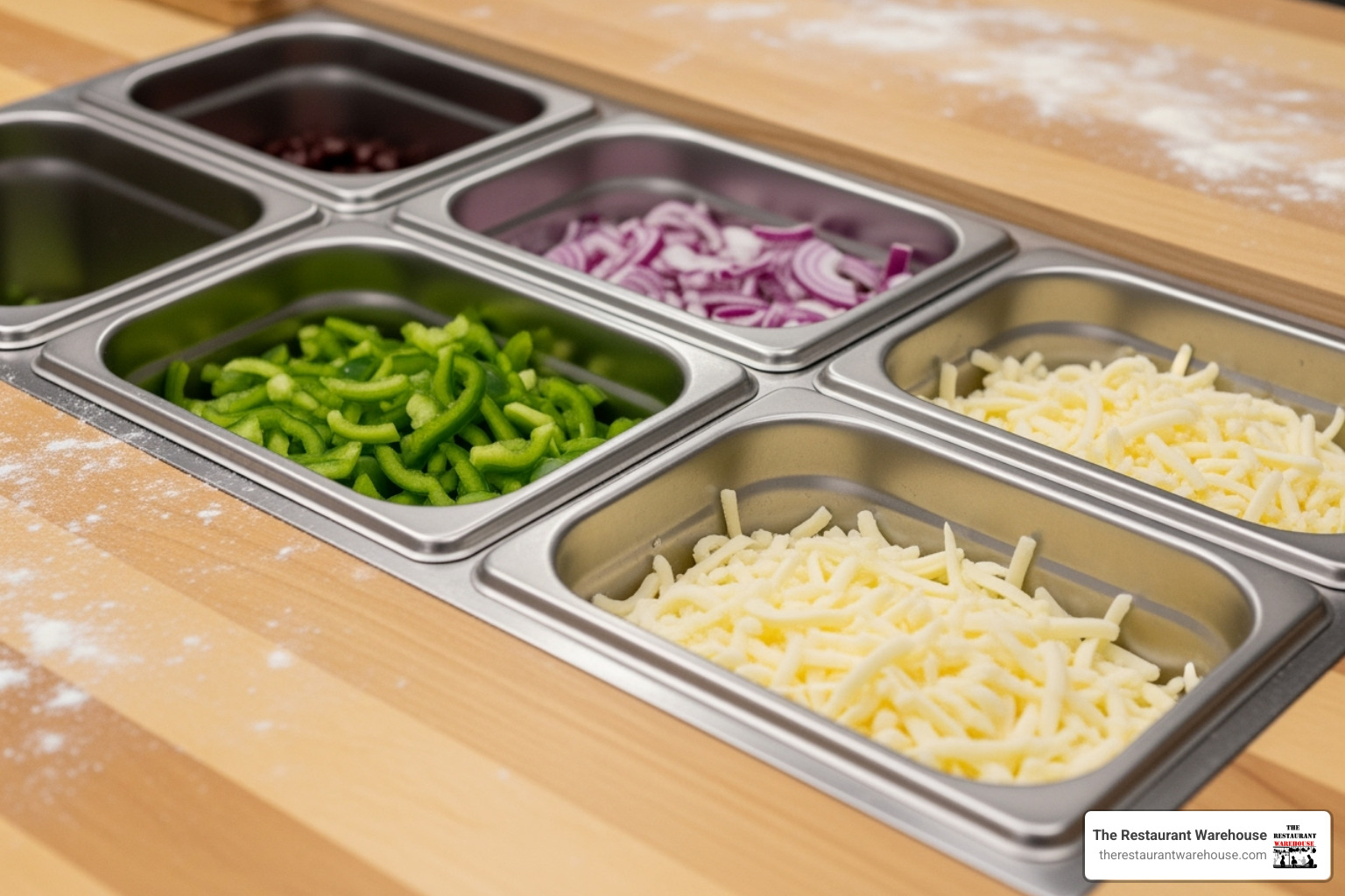 A close-up of a customized DIY pizza prep table showing built-in stainless steel containers holding chopped peppers, onions, and cheese. - diy pizza prep table