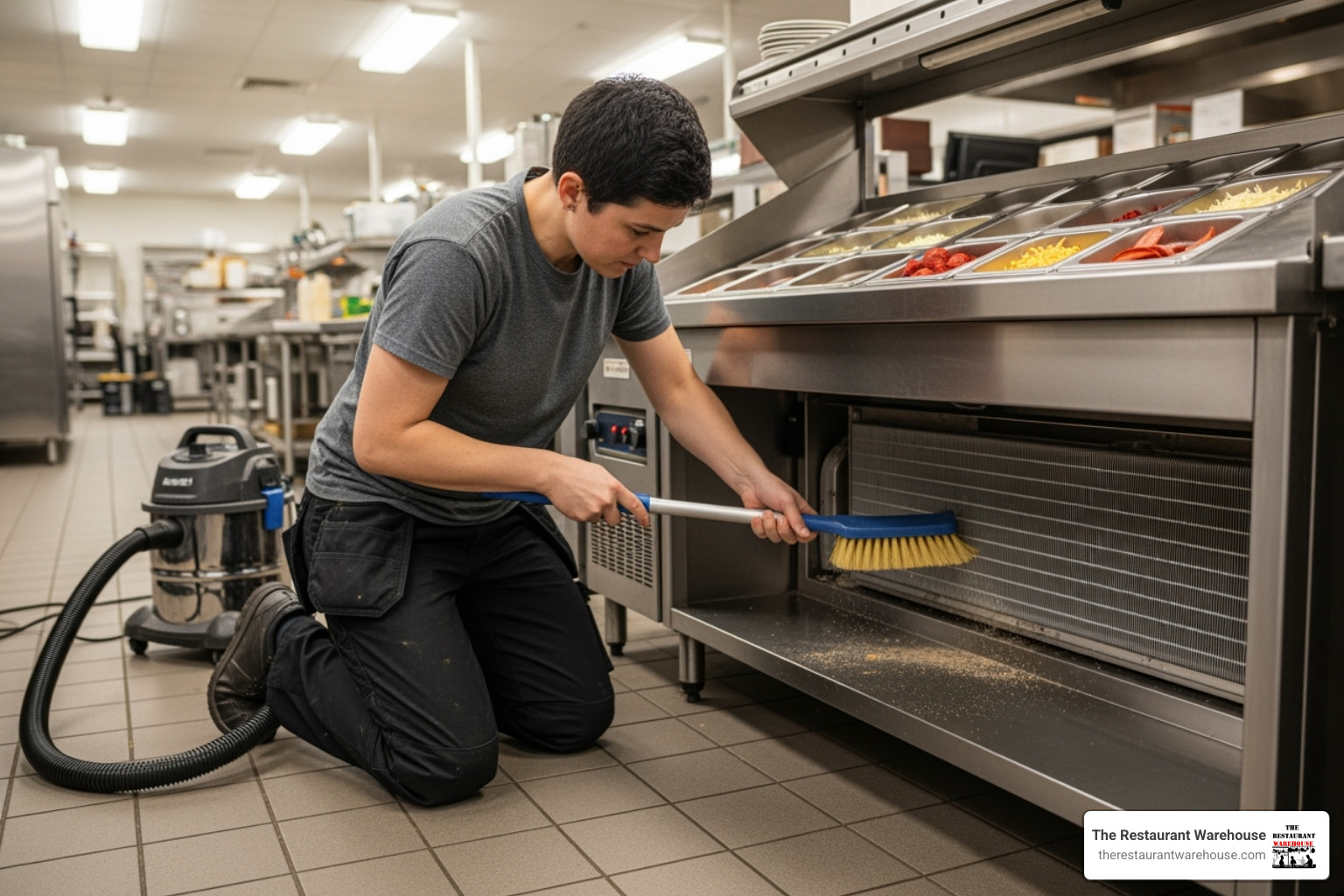 Person cleaning condenser coil of a pizza prep table - 2 door pizza prep table Person cleaning condenser coil of a pizza prep table - 2 door pizza prep table