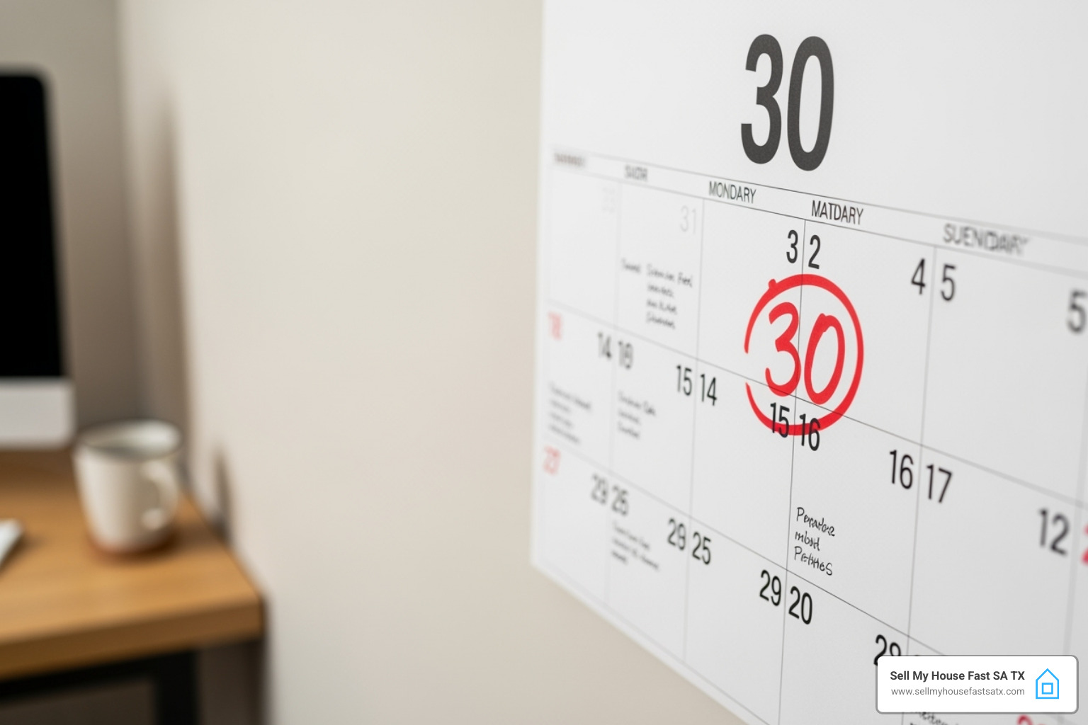 Calendar with 30-day deadline circled in red - sell your house for job relocation a how-to guide Calendar with 30-day deadline circled in red - sell your house for job relocation a how-to guide