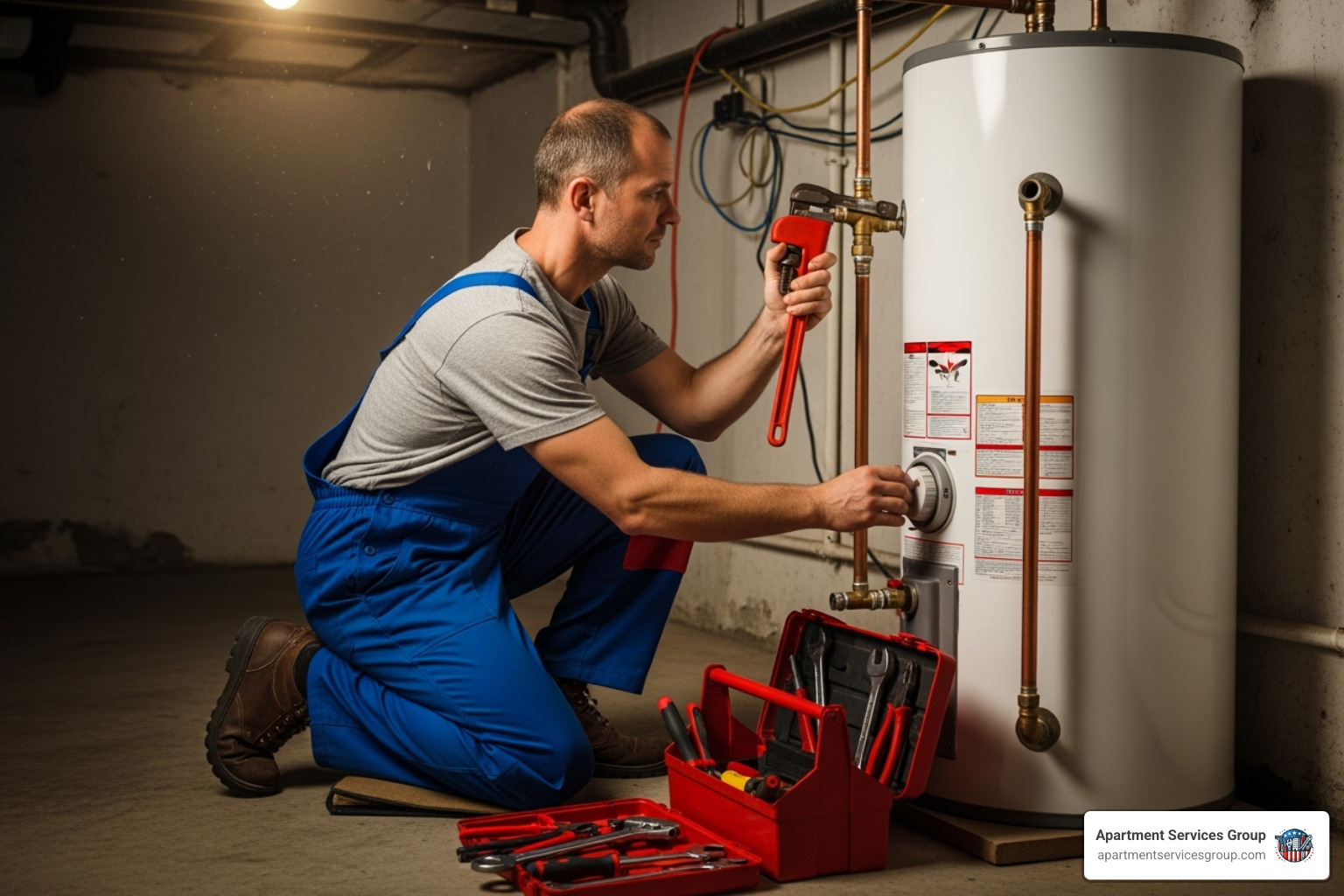 professional plumber working on a water heater - water heater repair