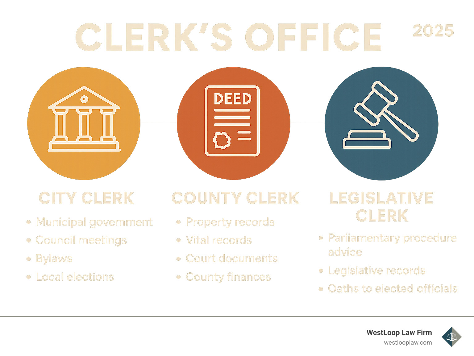 Infographic showing three types of clerk's offices: City Clerk (handles municipal government, council meetings, bylaws, local elections), County Clerk (manages property records, vital records, court documents, county finances), and Legislative Clerk (provides parliamentary procedure advice, maintains legislative records, administers oaths to elected officials) - clerk's office infographic 
