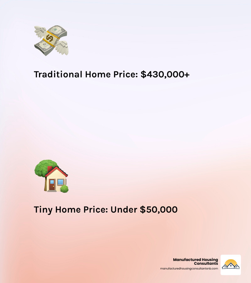 Cost comparison infographic showing traditional Texas home at $430,000+ versus tiny homes under $50k, highlighting savings potential and financing options available through Manufactured Housing Consultants in the New Braunfels area - Tiny homes under $50k infographic 2_facts_emoji_light-gradient