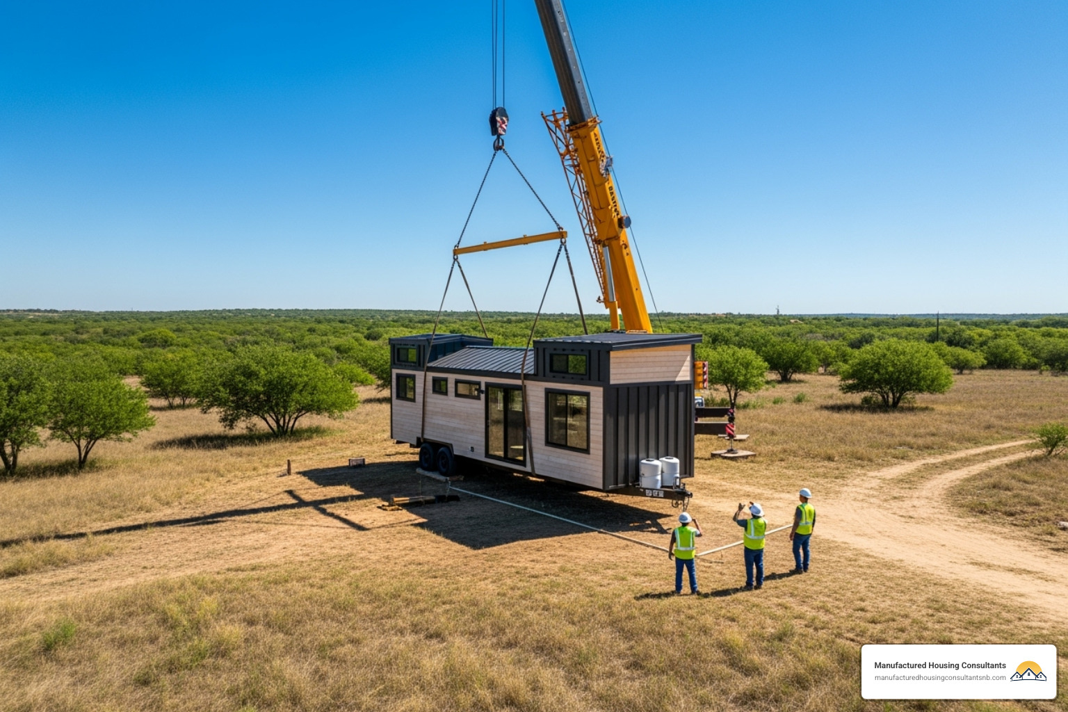 A tiny home being placed on a plot of land under a clear Texas sky - Tiny homes under $50k