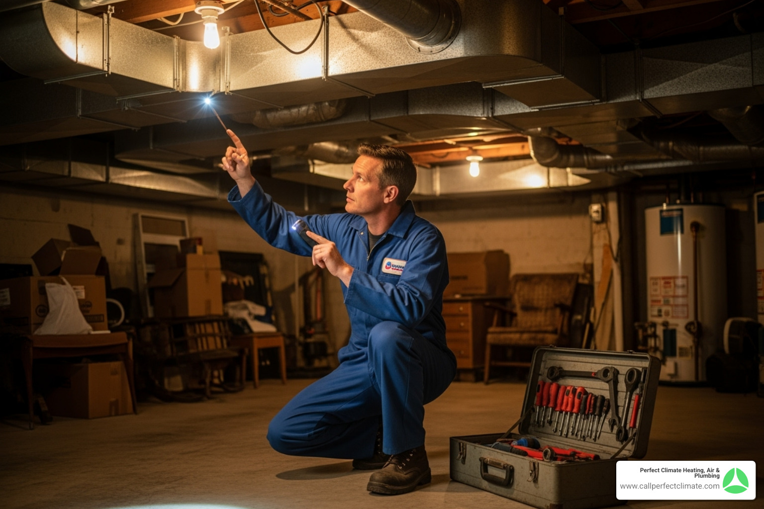 HVAC technician inspecting a duct system - Indoor humidity control