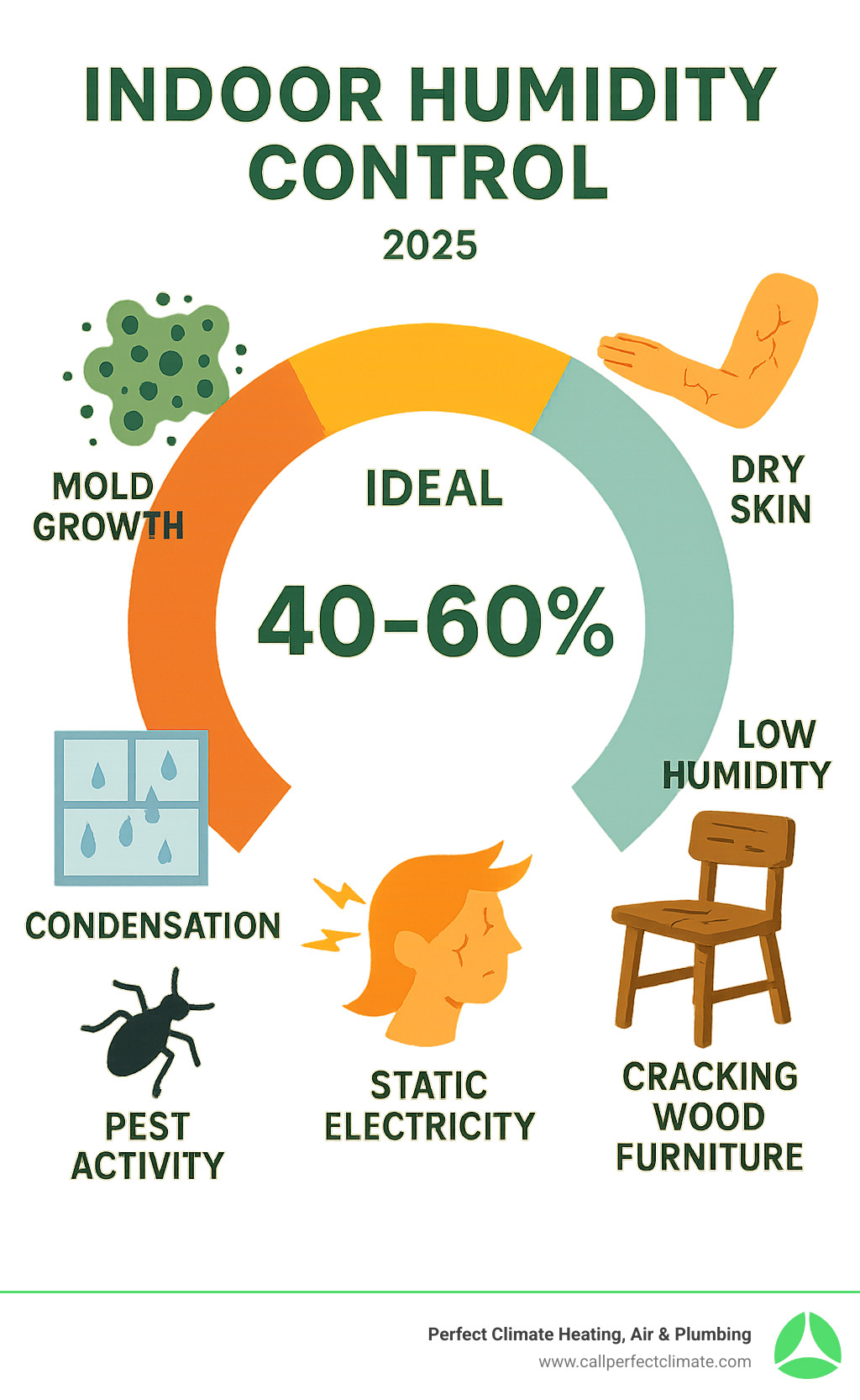 Infographic showing ideal humidity ranges throughout the year, with visual indicators of high humidity problems like mold growth, condensation, and pest activity on one side, and low humidity issues like dry skin, static electricity, and cracking wood furniture on the other side, with the optimal 40-60% range highlighted in the center - Indoor humidity control infographic 