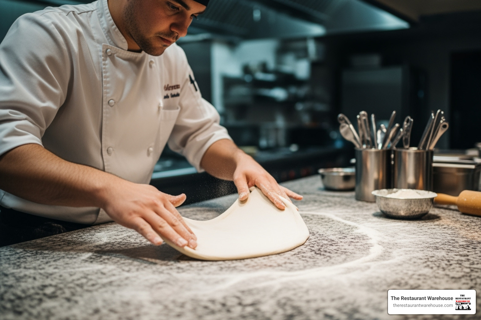 Chef stretching dough on a clean, cool granite surface - granite top pizza prep table