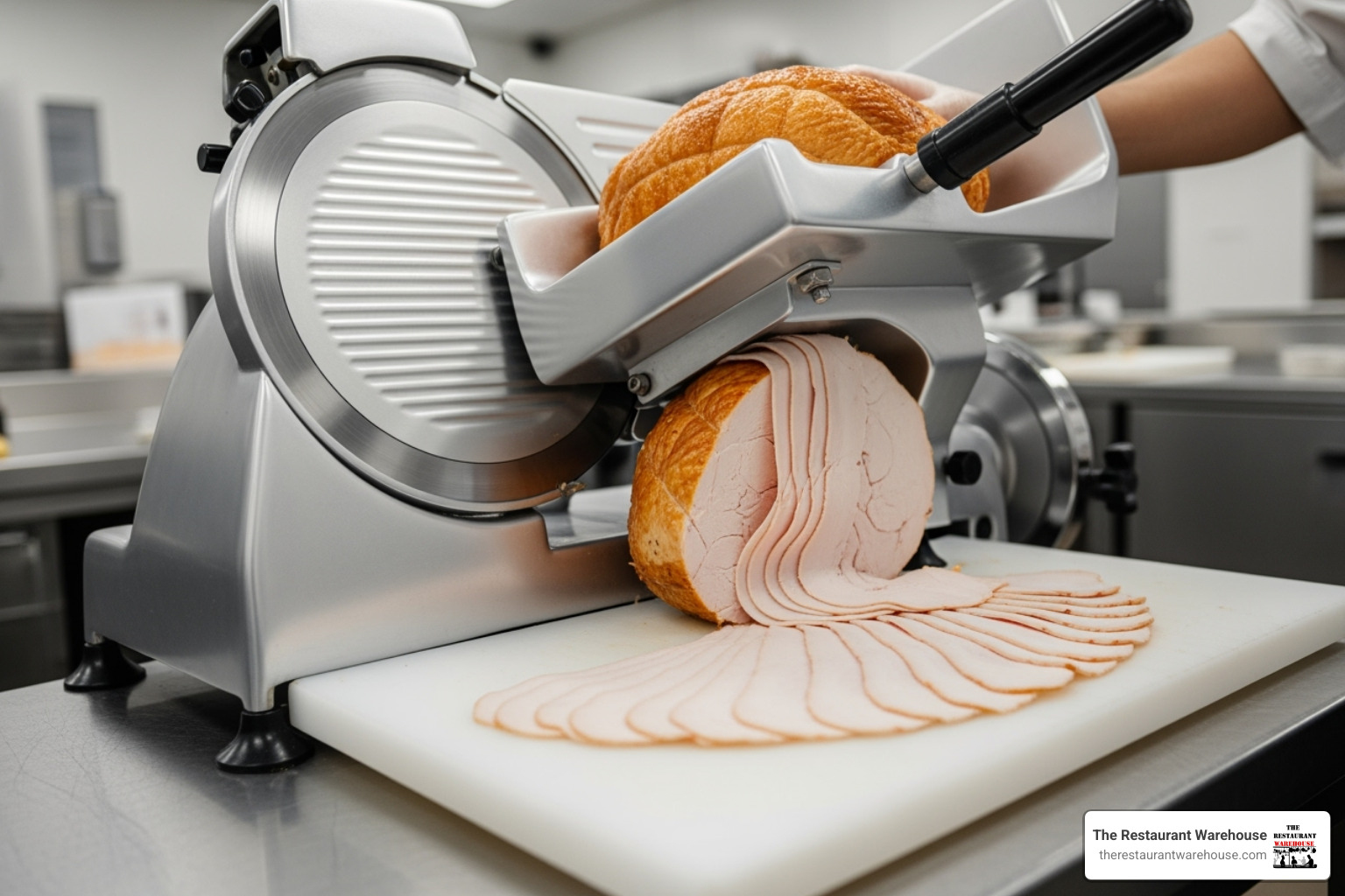 A commercial-grade meat slicer creating perfectly uniform slices of turkey, highlighting precision and efficiency in food preparation.
